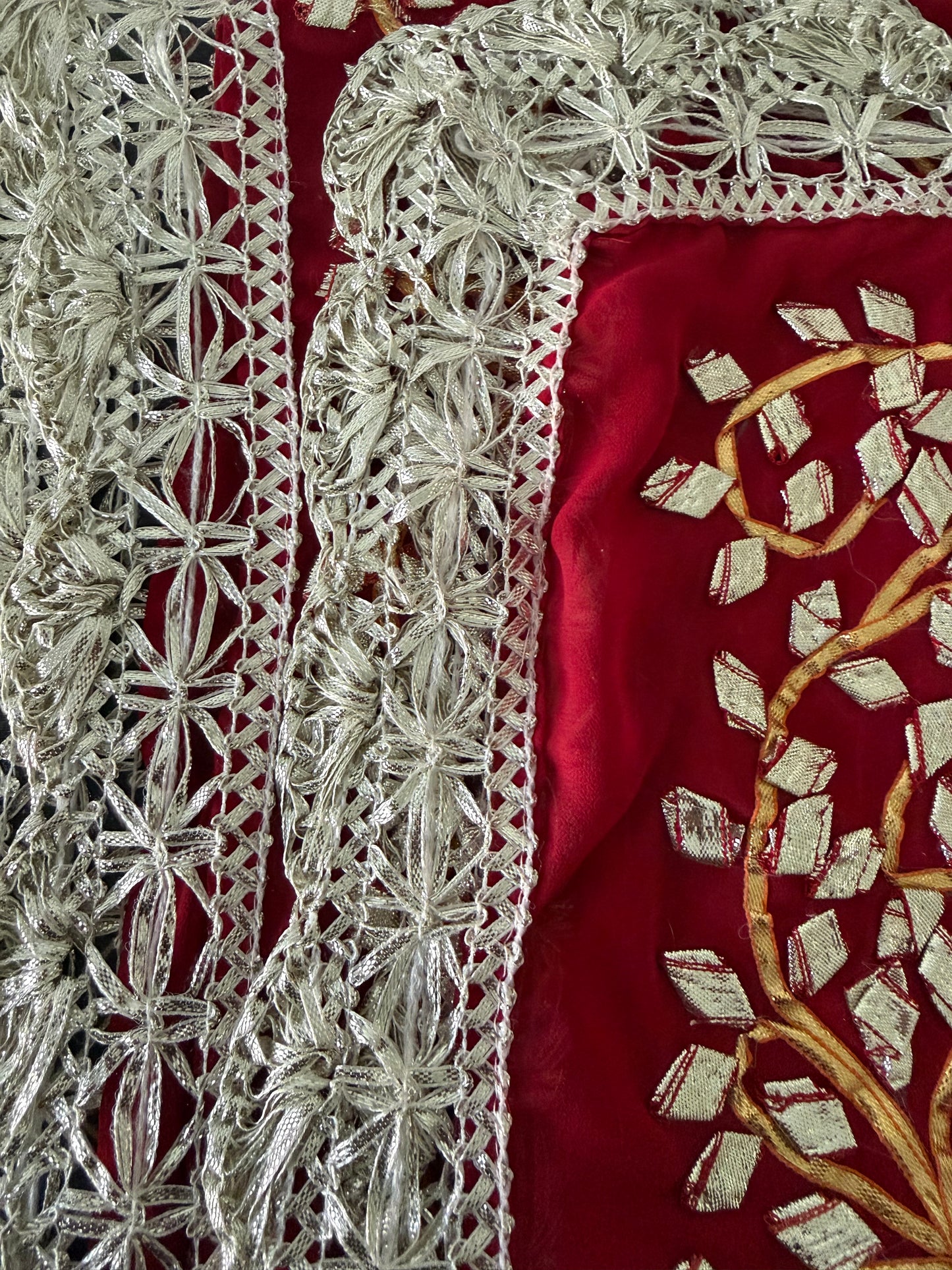 Dark-Red Silver Georgette Dupattas Heavy gota work border Scarf Chunni Chunri Odhni| Clearance