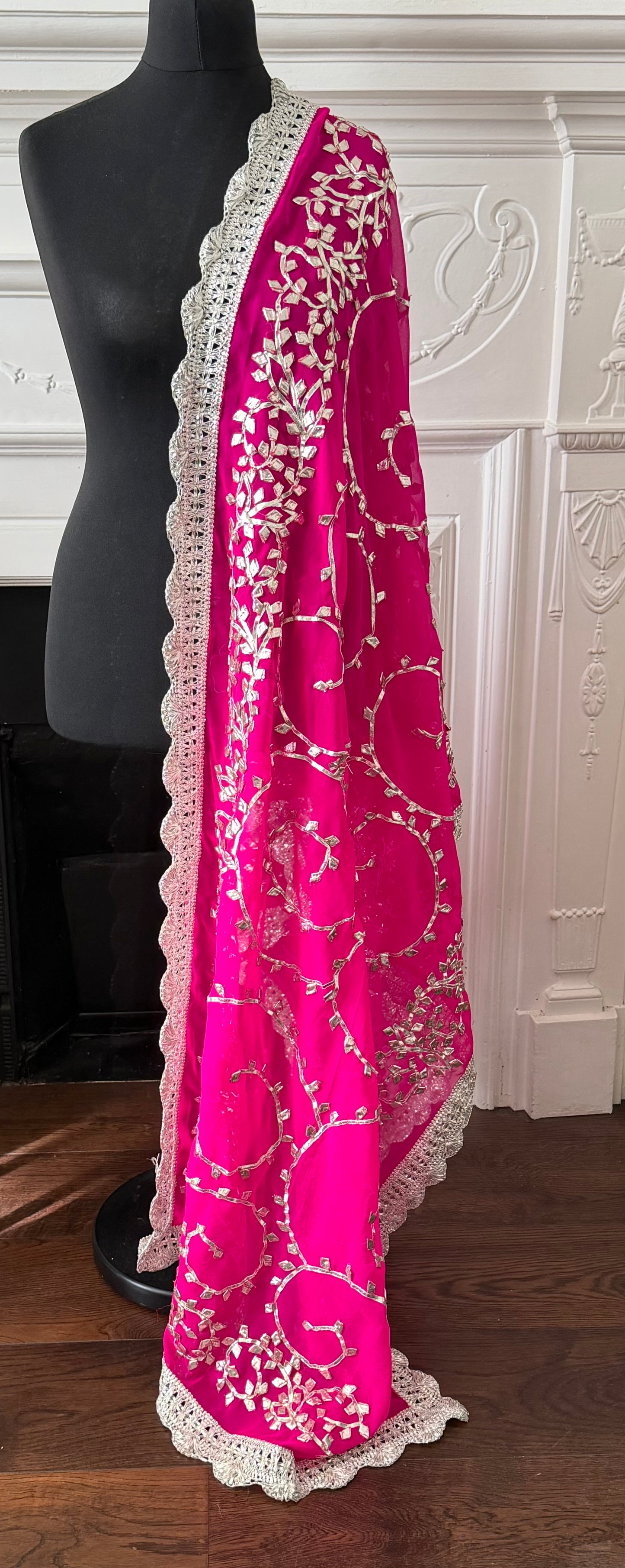 Hot-Pink Silver Georgette Dupattas Heavy gota work border Scarf Chunni Chunri Odhni| Clearance|Defects