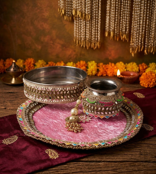 Pink Velvet Karwachauth/Karvachauth/Karwa Chauth/Teej Pooja Tray Thaal Karwa Set| 3 pieces