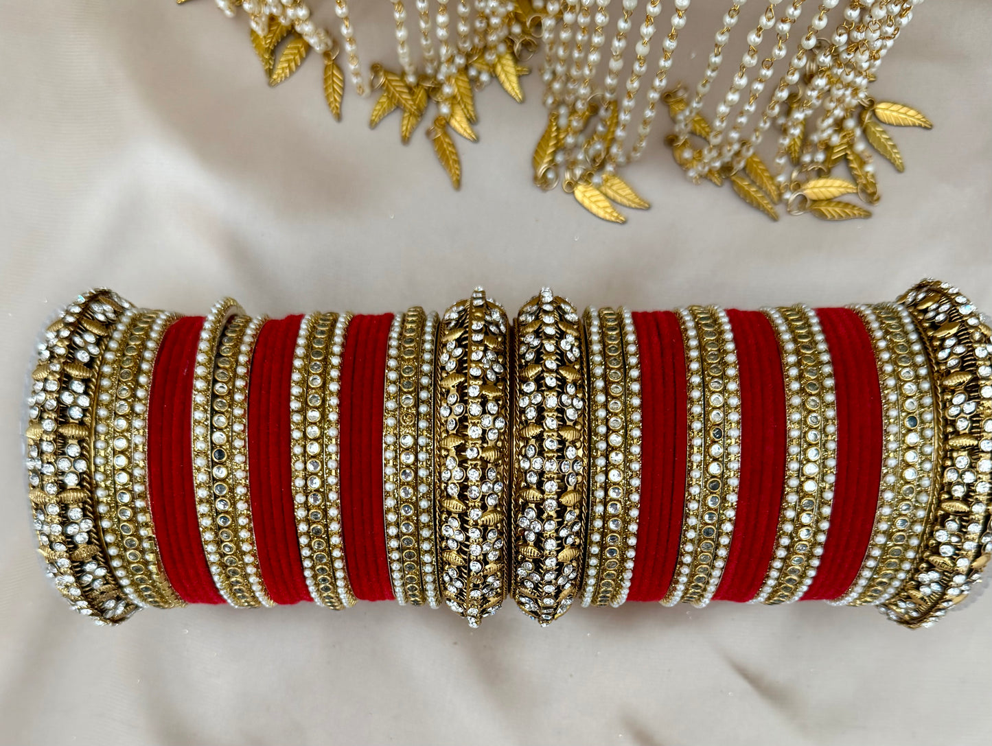 Red Velvet Bridal Bangle Stack: Kundan Indian Jewelry| Pearls| Chooras | Set for both hands| Can be customised in other colours*