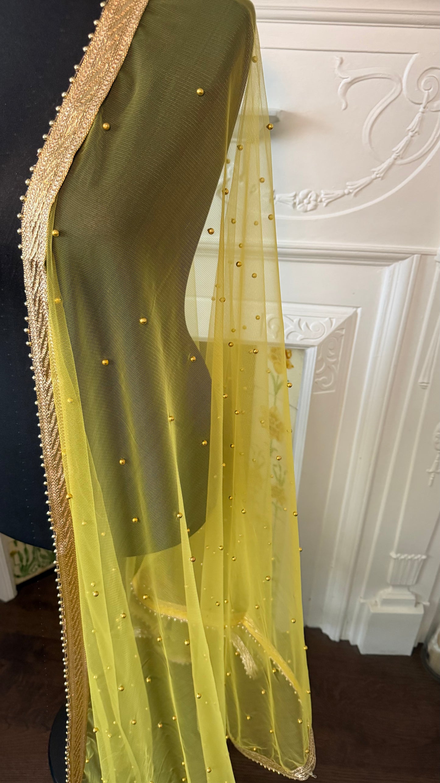 Yellow Net Dupatta| Sample Sale| Net| All over beads| Border | Latkan| Clearance might have slight defects**