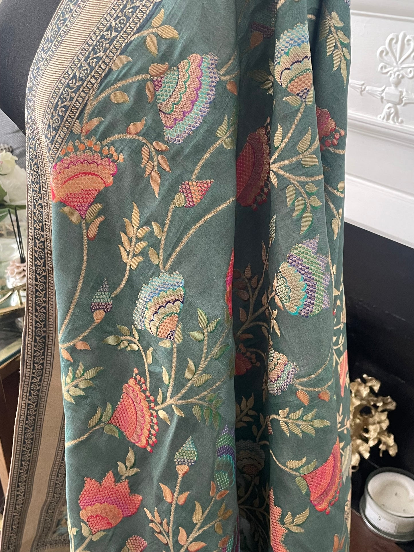 Vintage Muted Teal with Greyish undertones. Elegant & Suave Benarsi Banarsi Zari Woven Silk Duppattas Scarf Chunni Chunri Odhni