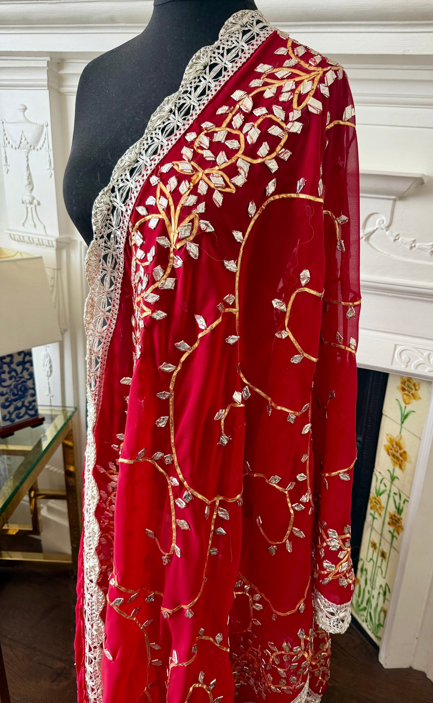 Dark-Red Silver Georgette Dupattas Heavy gota work border Scarf Chunni Chunri Odhni| Clearance
