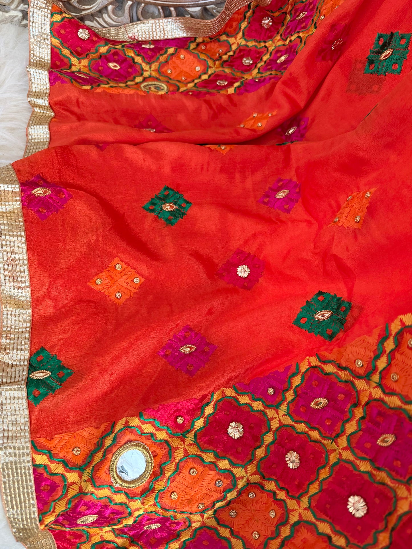 Orange Chinon Dupatta | Multicolor Mirror Embroidered Scarf | Indian Ethnic Dupatta | Lightweight Shawl Phulkari| Clearance