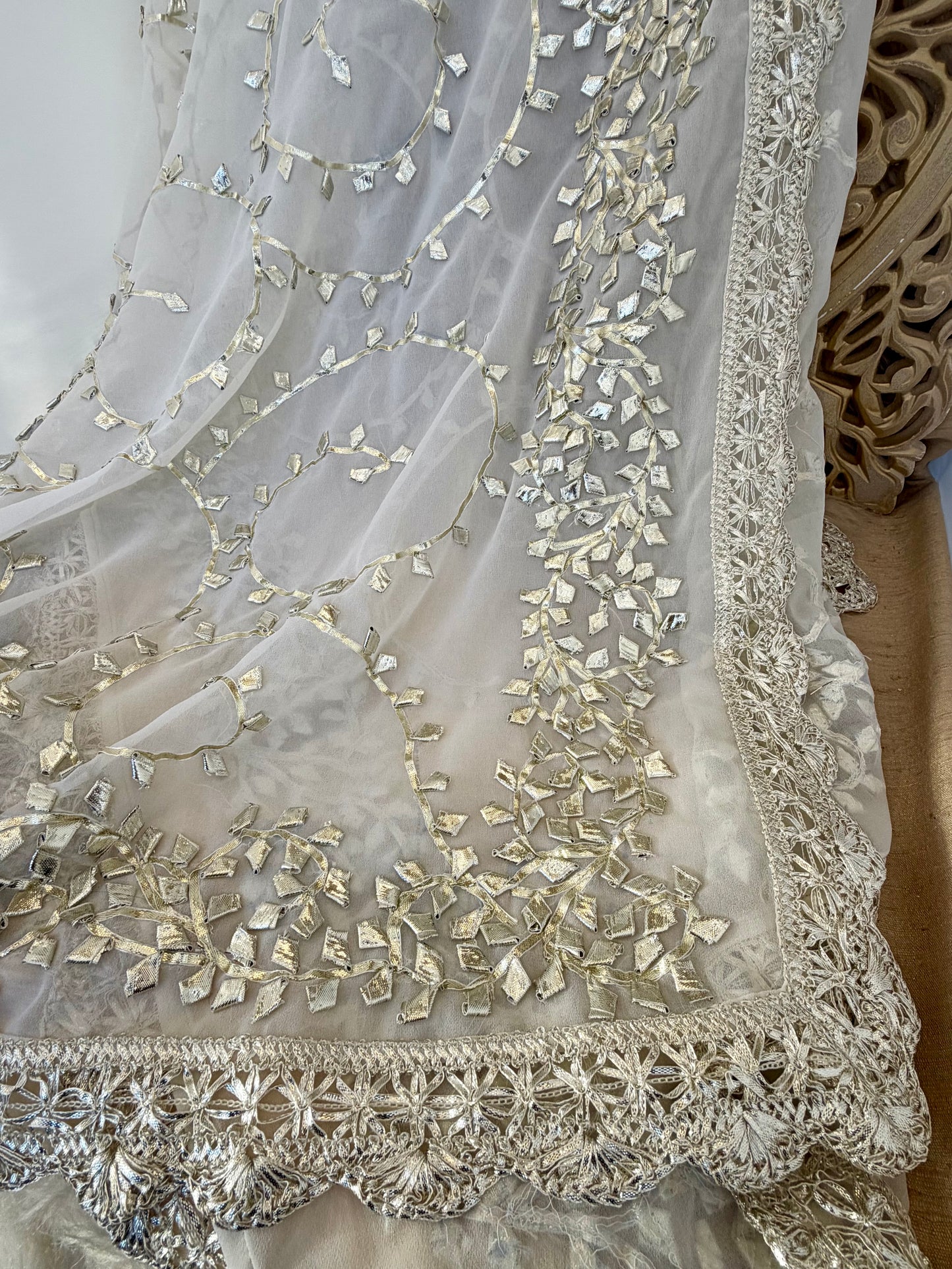 Silver White Georgette Modest Dupattas Heavy gota work border Scarf Chunni Chunri Odhni| Clearance