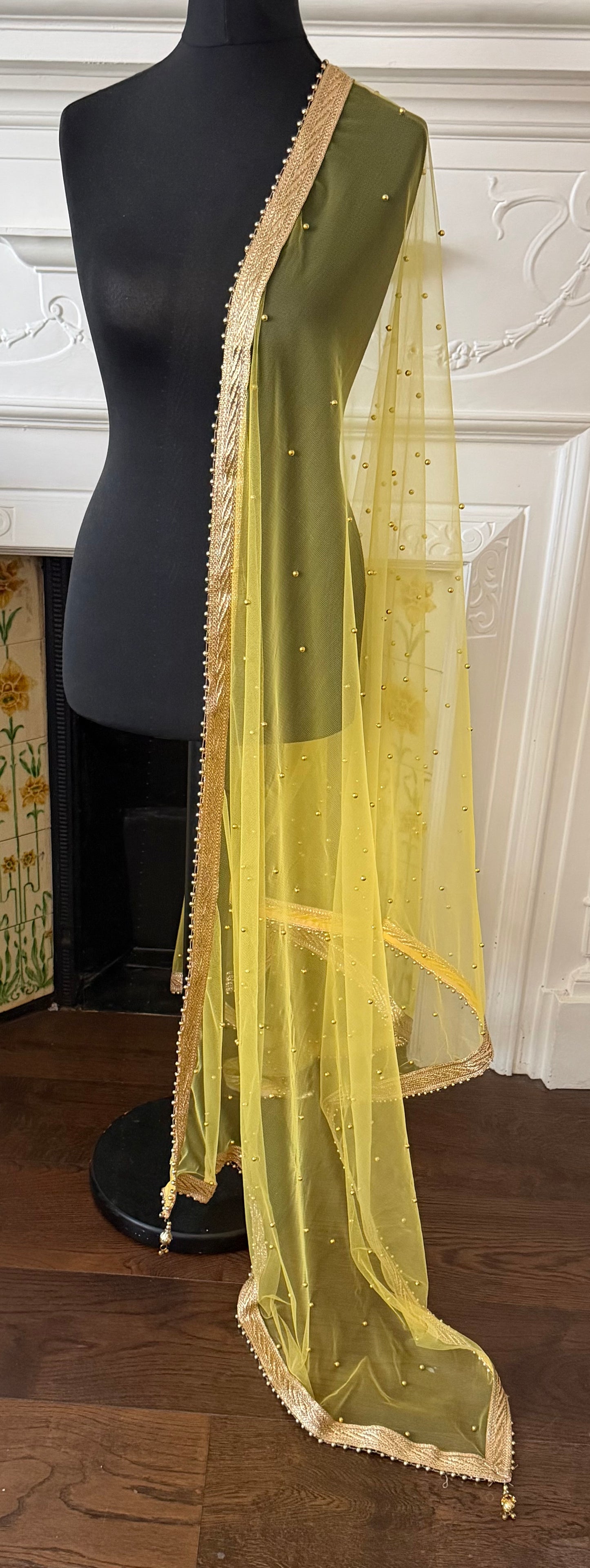 Yellow Net Dupatta| Sample Sale| Net| All over beads| Border | Latkan| Clearance might have slight defects**