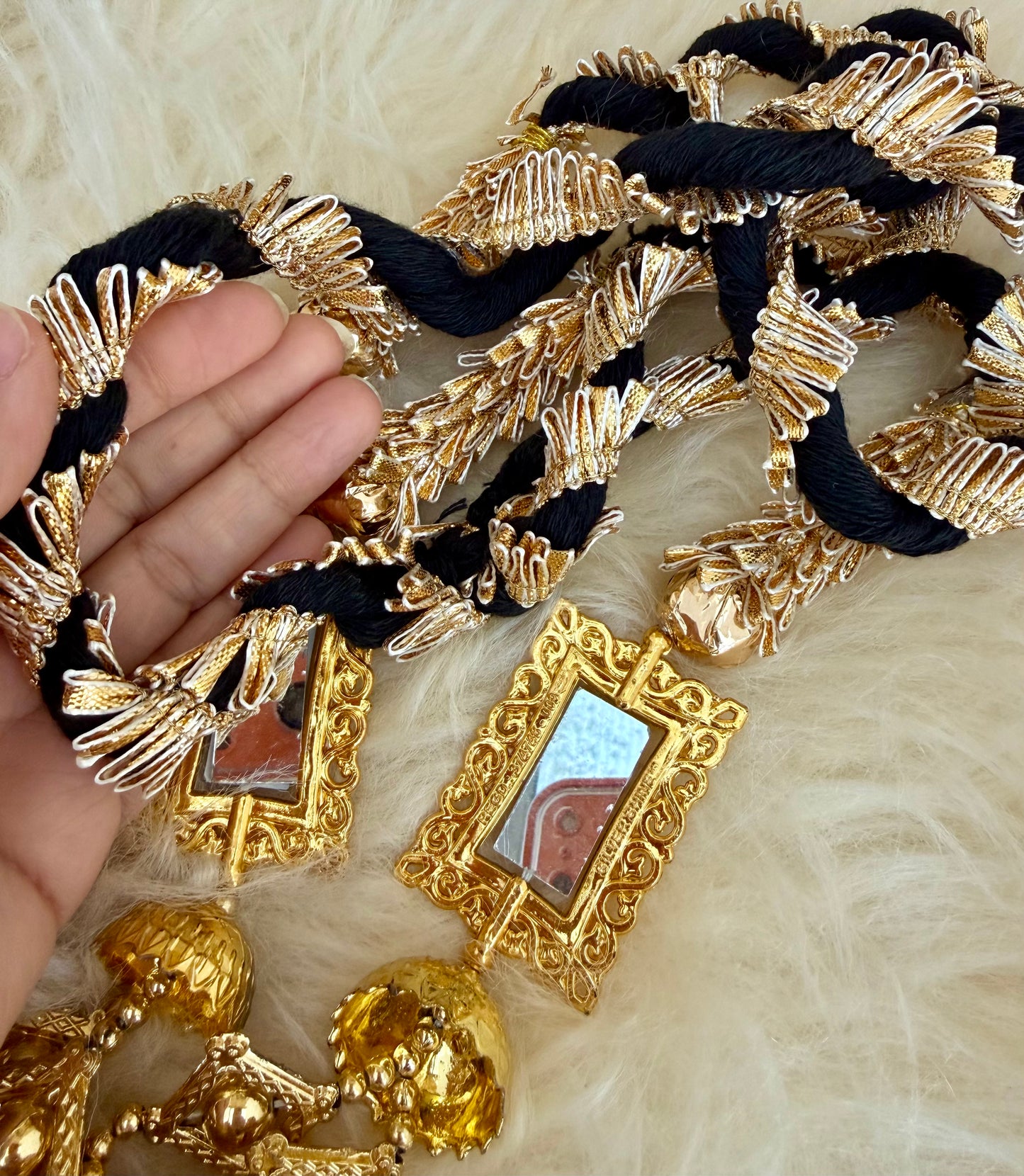 Gold Baubles Mirror Paranda Parande Mehendi Sangeet Maiyo Hair Braids Punjabi Weddings Phulkari