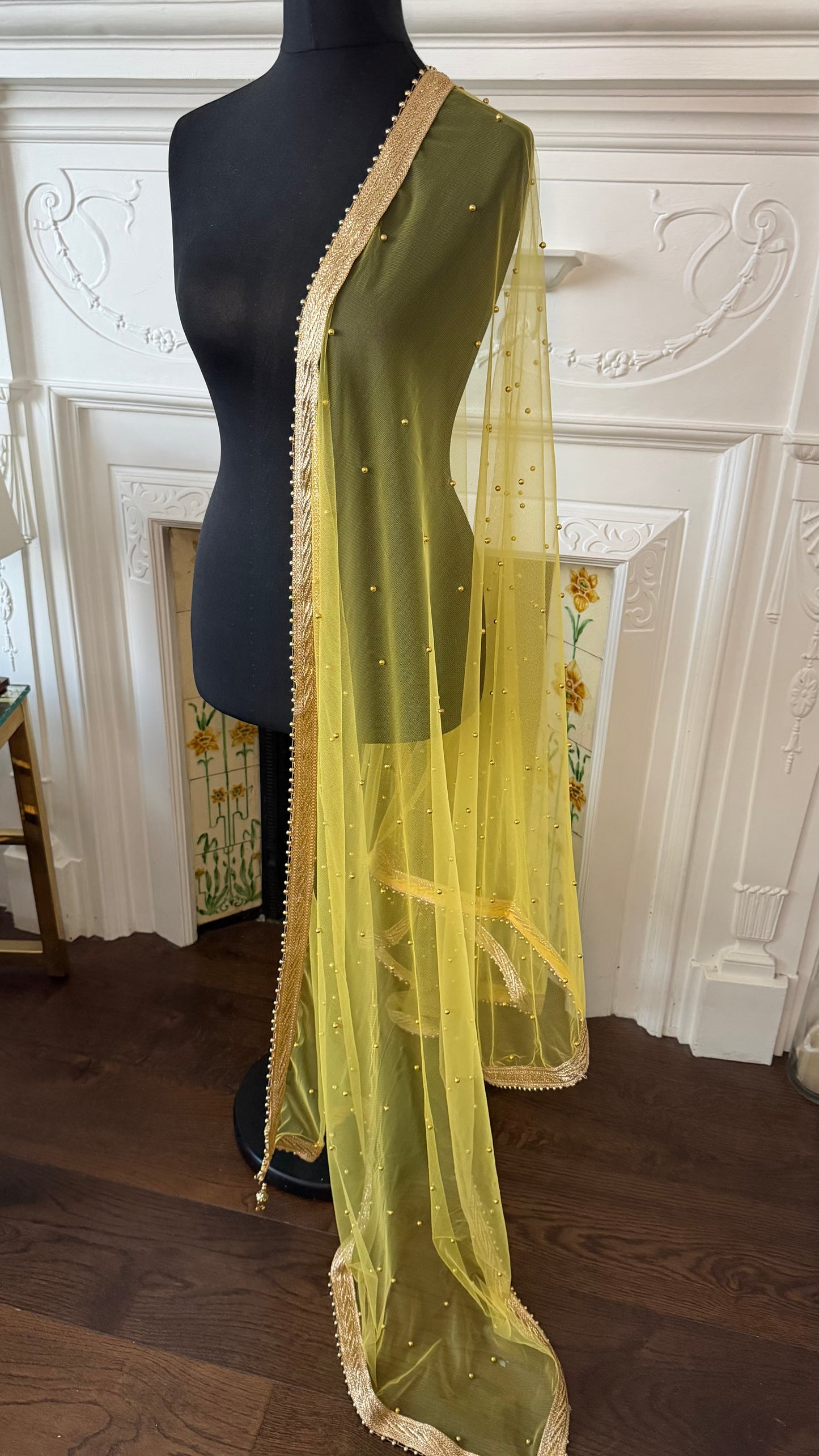 Yellow Net Dupatta| Sample Sale| Net| All over beads| Border | Latkan| Clearance might have slight defects**