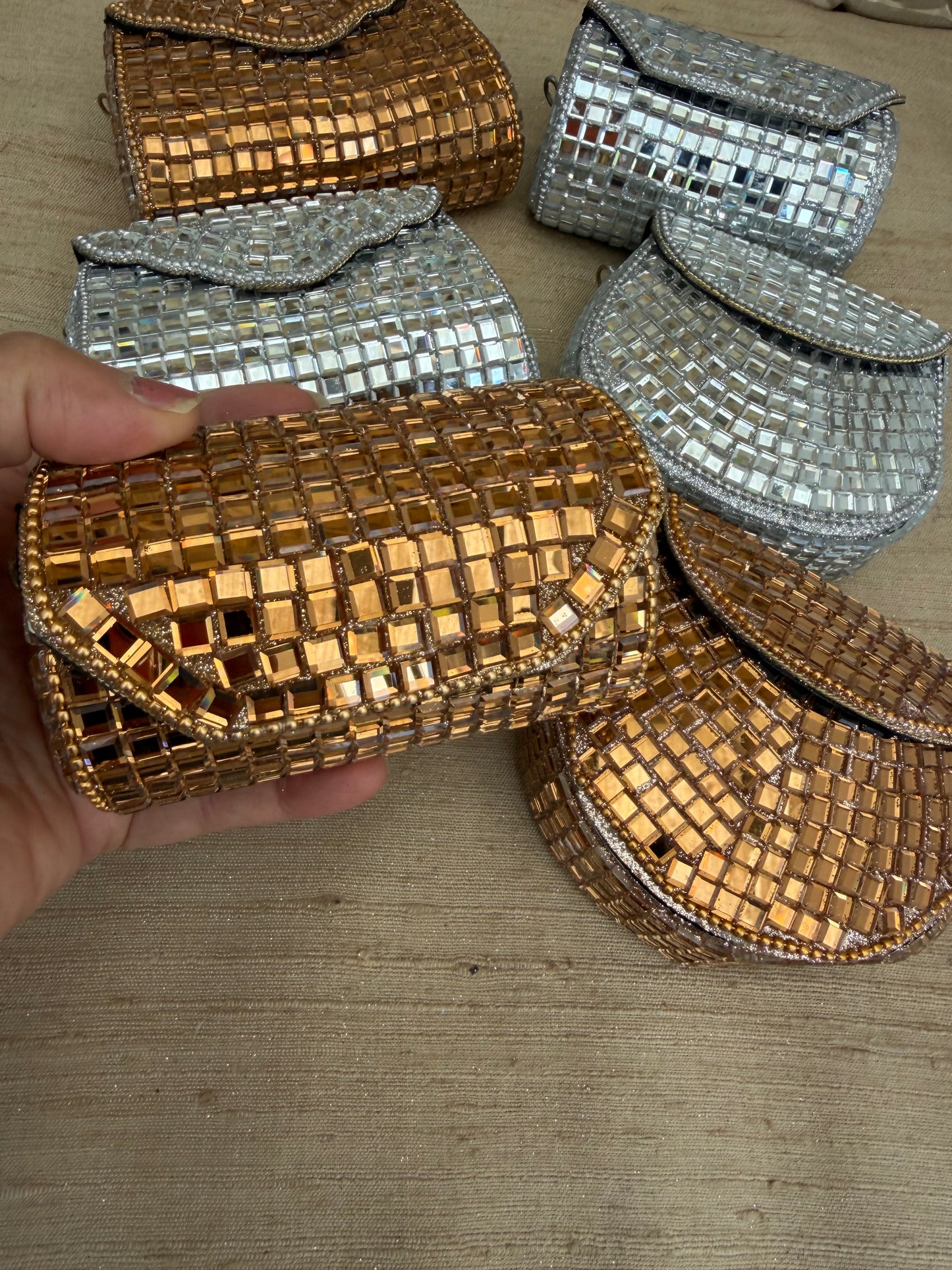 Glistening Mirrors Metal Mini Clutch Evening bags| Minaudière| Choise from Silver or Copper Finishes