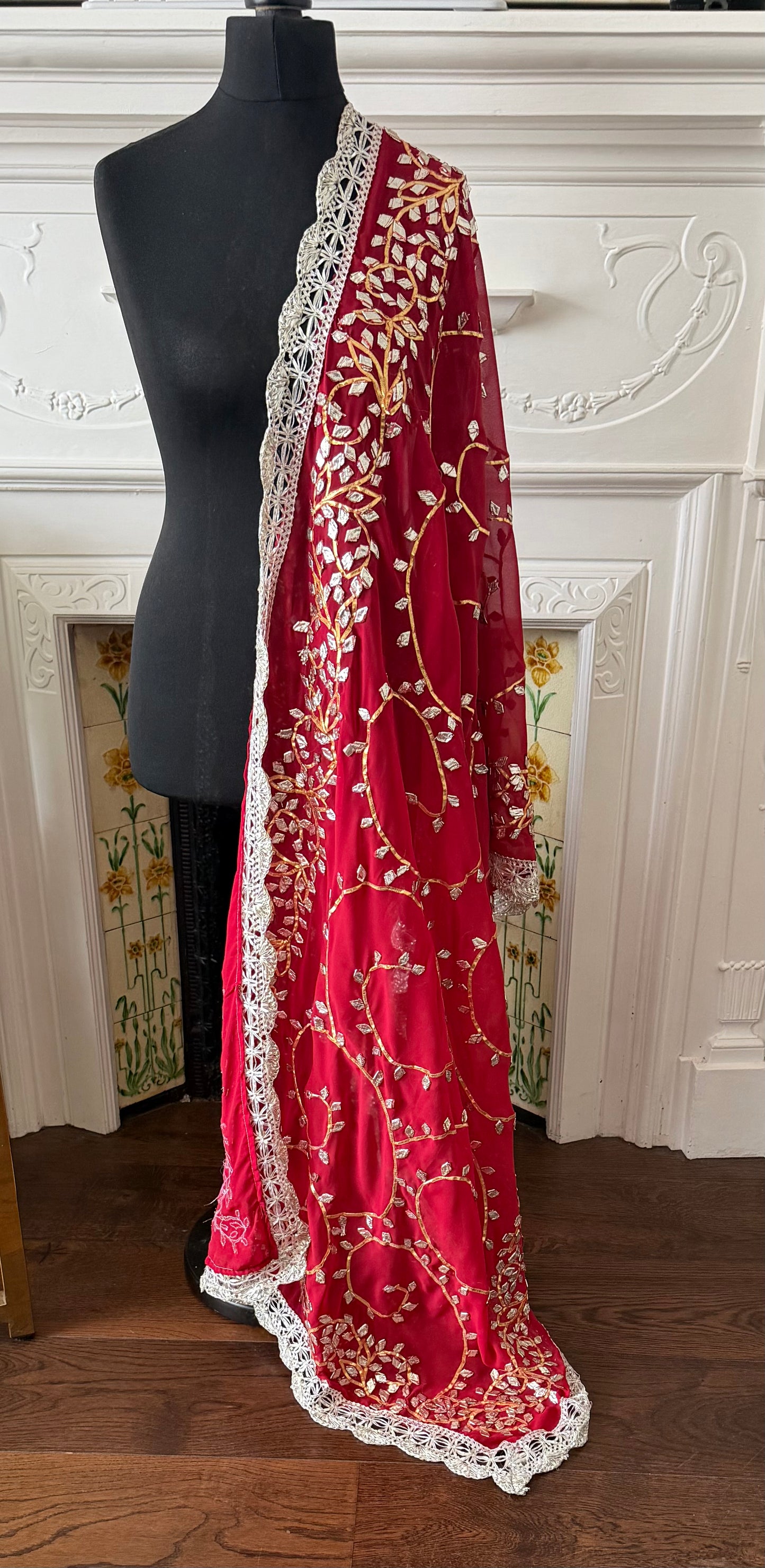 Dark-Red Silver Georgette Dupattas Heavy gota work border Scarf Chunni Chunri Odhni| Clearance