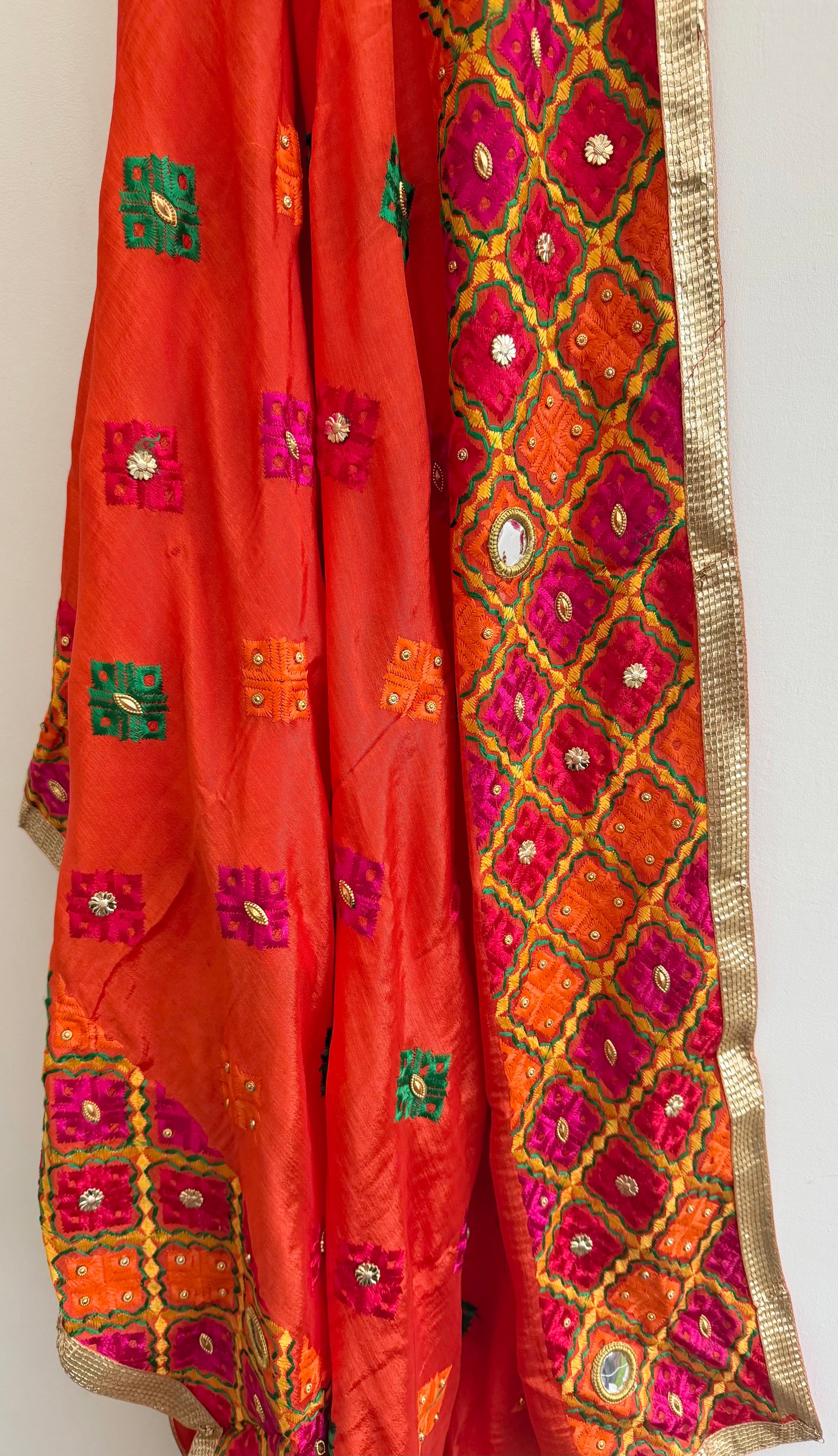 Orange Chinon Dupatta | Multicolor Mirror Embroidered Scarf | Indian Ethnic Dupatta | Lightweight Shawl Phulkari| Clearance