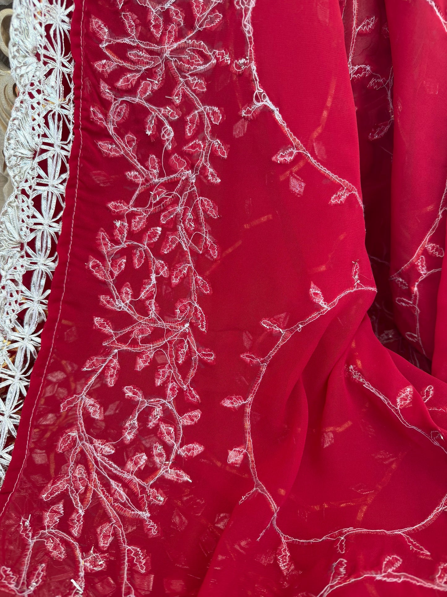 Dark-Red Silver Georgette Dupattas Heavy gota work border Scarf Chunni Chunri Odhni| Clearance