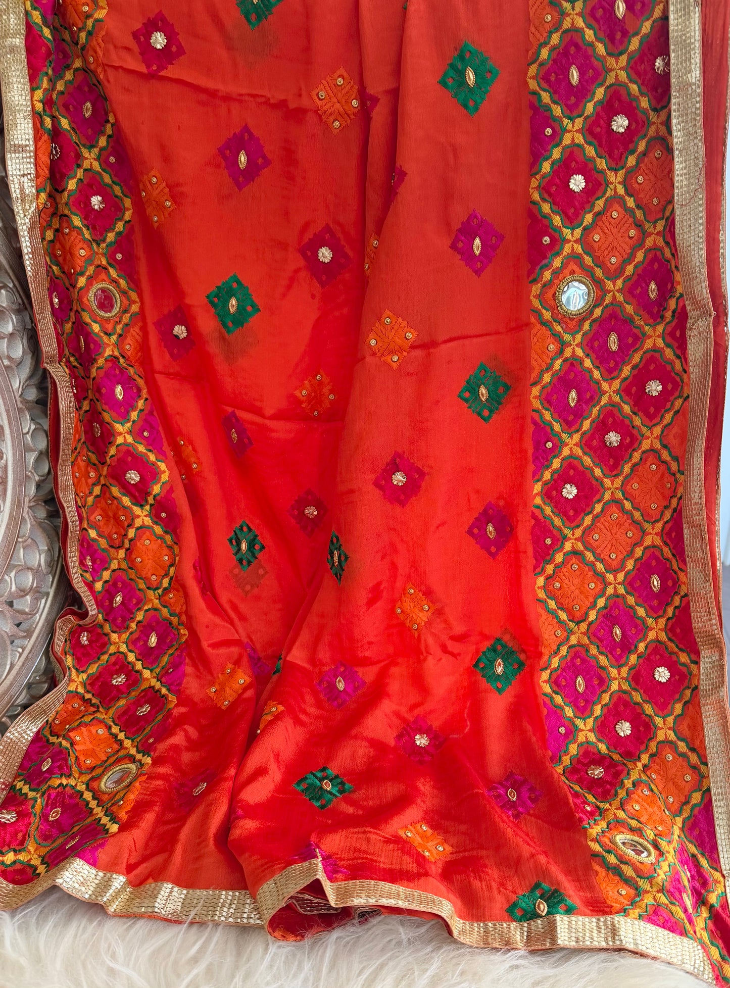 Orange Chinon Dupatta | Multicolor Mirror Embroidered Scarf | Indian Ethnic Dupatta | Lightweight Shawl Phulkari| Clearance