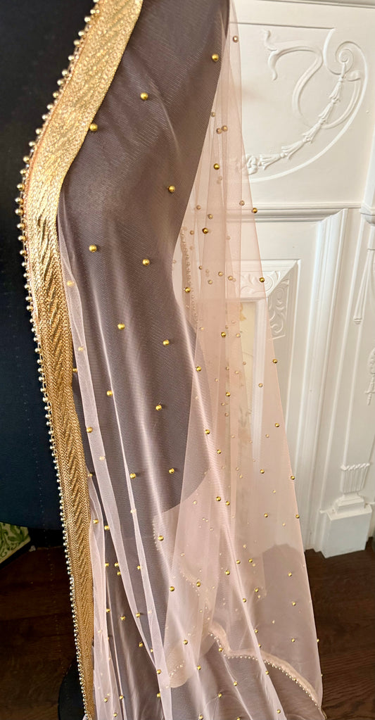 Peach Net Dupatta| Sample Sale| Net| All over beads| Border | Latkan| Clearance might have slight defects*