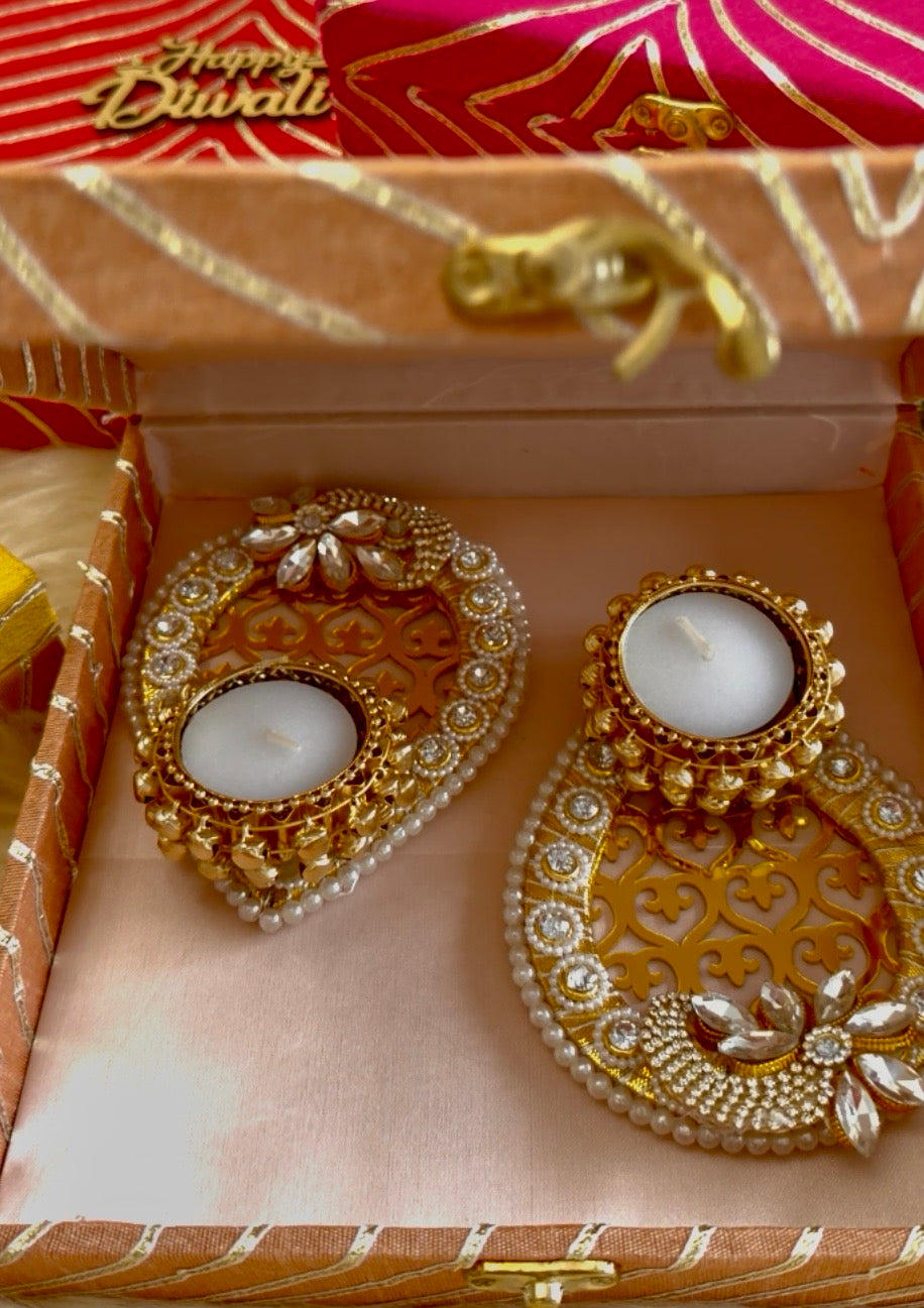 2x Pear Shaped Ghungroo Design Large Tea light Candle Holders Metal Mirrored and Diamantés Diyas | Diwali Decor | Navratri | Thaal Decoration