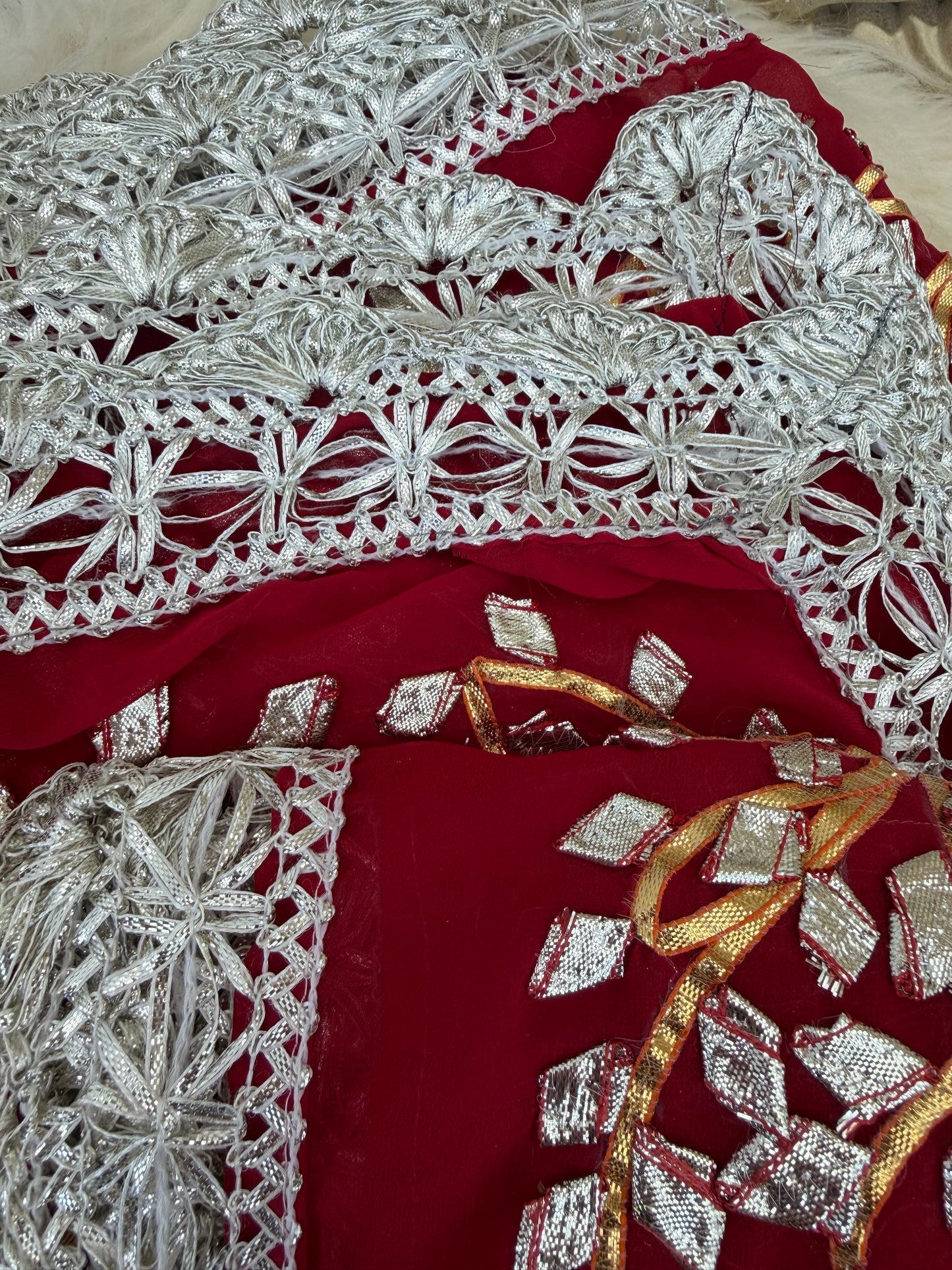 Dark-Red Silver Georgette Dupattas Heavy gota work border Scarf Chunni Chunri Odhni| Clearance