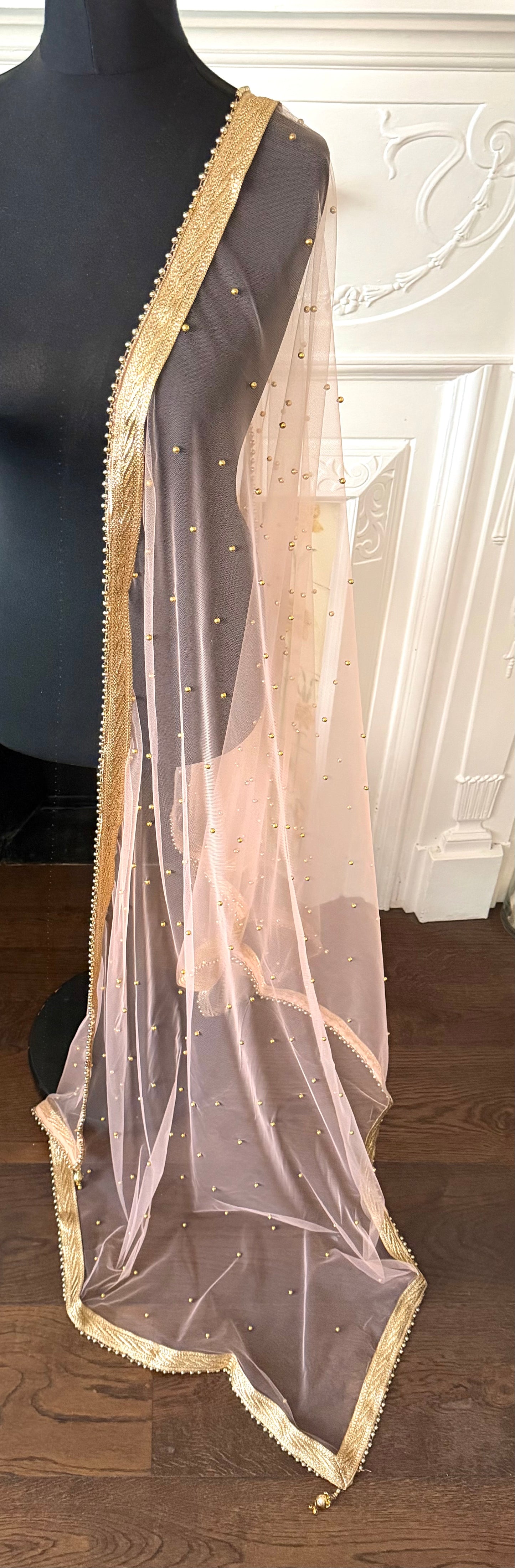 Peach Net Dupatta| Sample Sale| Net| All over beads| Border | Latkan| Clearance might have slight defects*