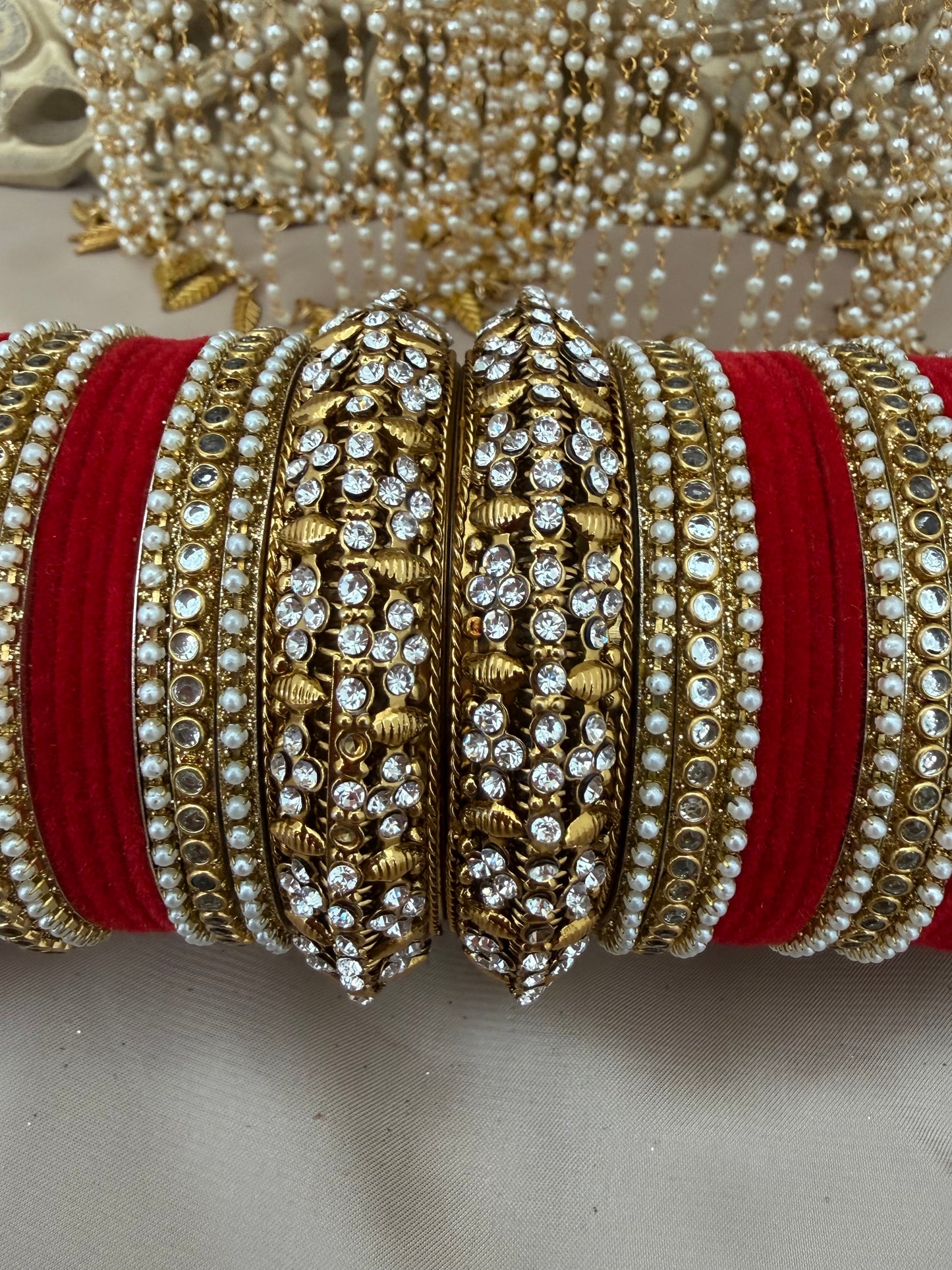 Red Velvet Bridal Bangle Stack: Kundan Indian Jewelry| Pearls| Chooras | Set for both hands| Can be customised in other colours*