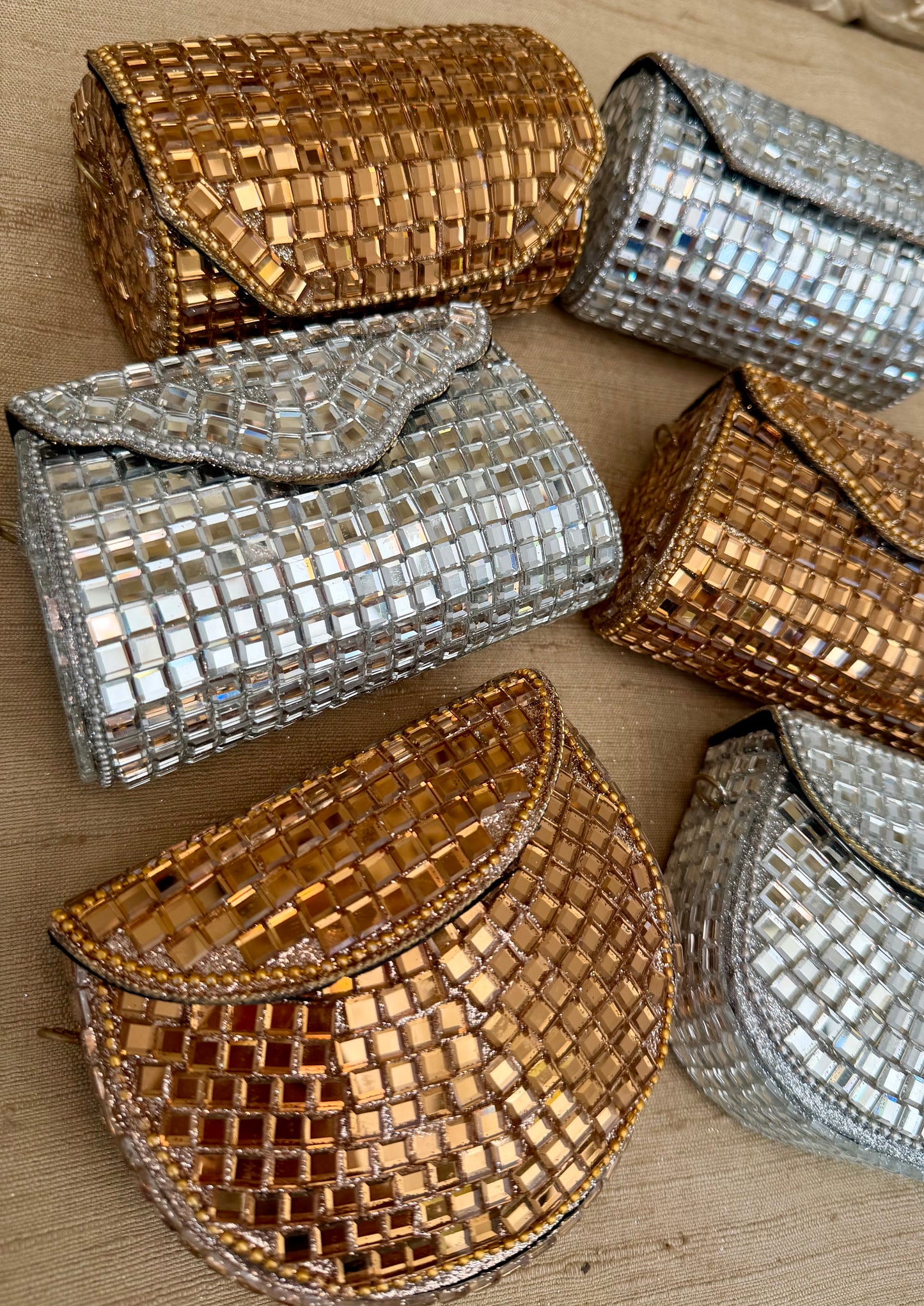 Glistening Mirrors Metal Mini Clutch Evening bags| Minaudière| Choise from Silver or Copper Finishes