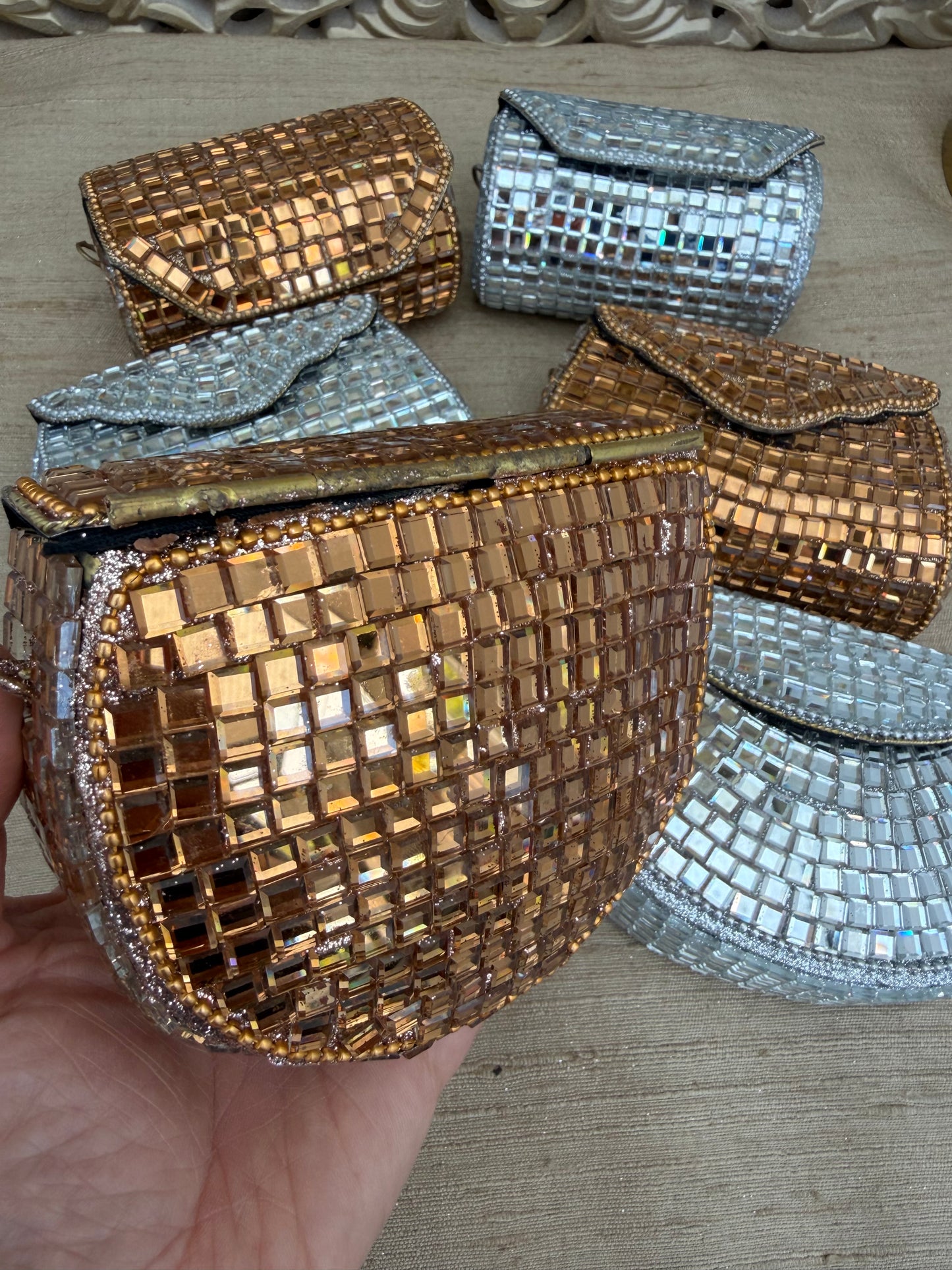 Glistening Mirrors Metal Mini Clutch Evening bags| Minaudière| Choise from Silver or Copper Finishes