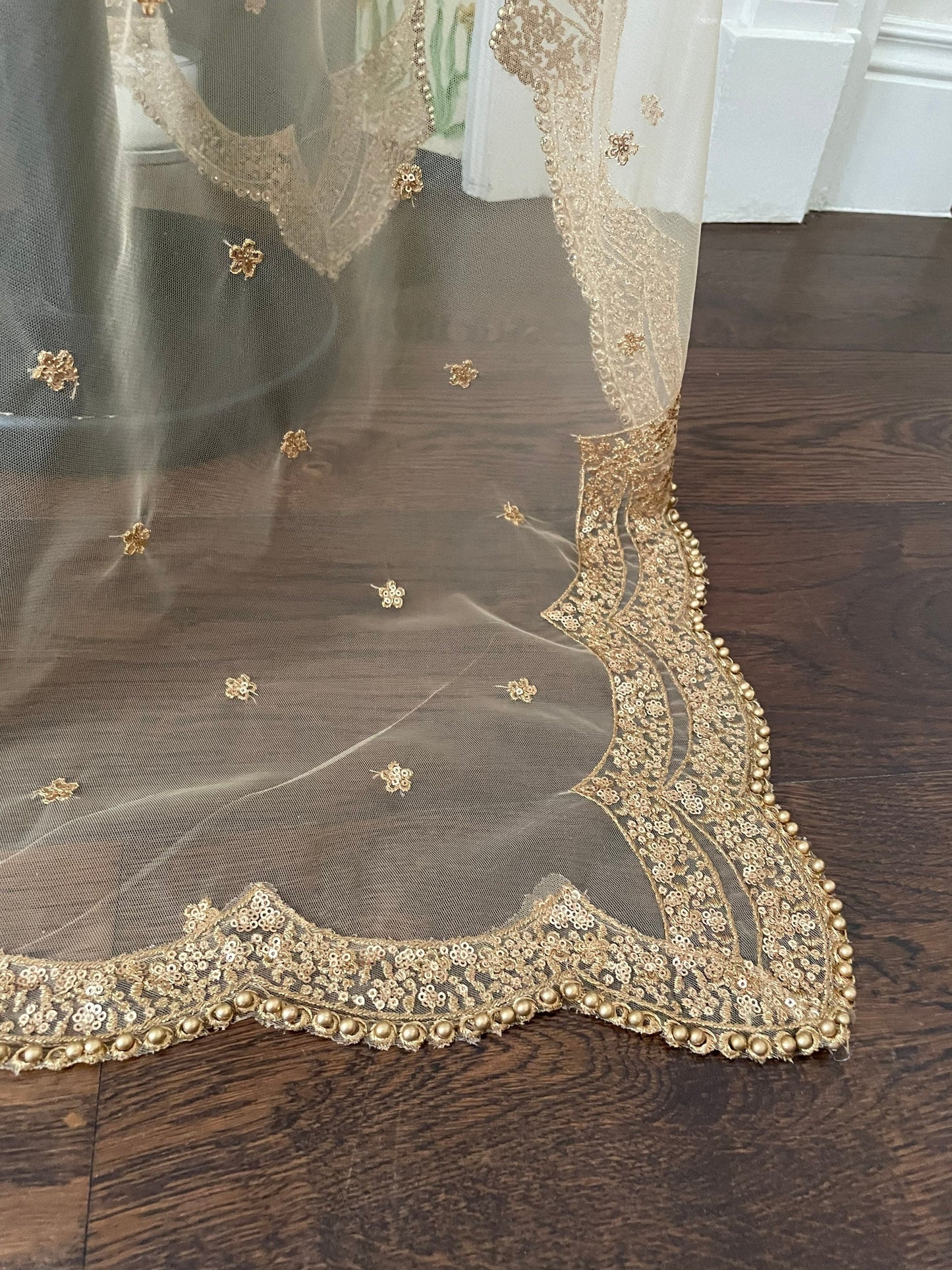 Gold/ Beige Net Duppattas scallop Sequin border Scarf Chunni Chunri Odhni Eid Outfit update Salwar Kameez