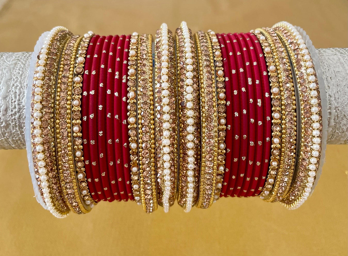 Kimran Bangle Stack for two hands- Pearls and Champagne coloured stones