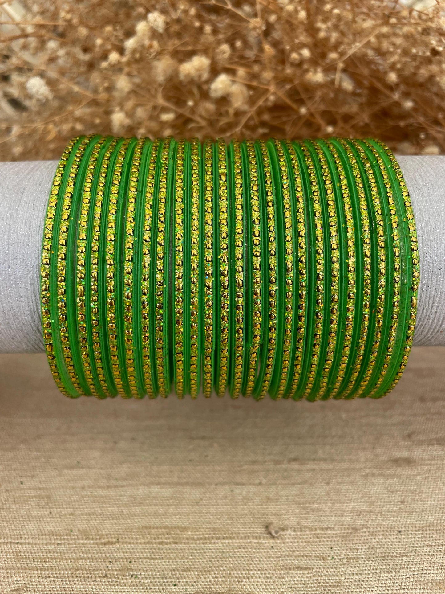 Glass Bangles- Tota Lime Green Colour Pack of 12 Glitter