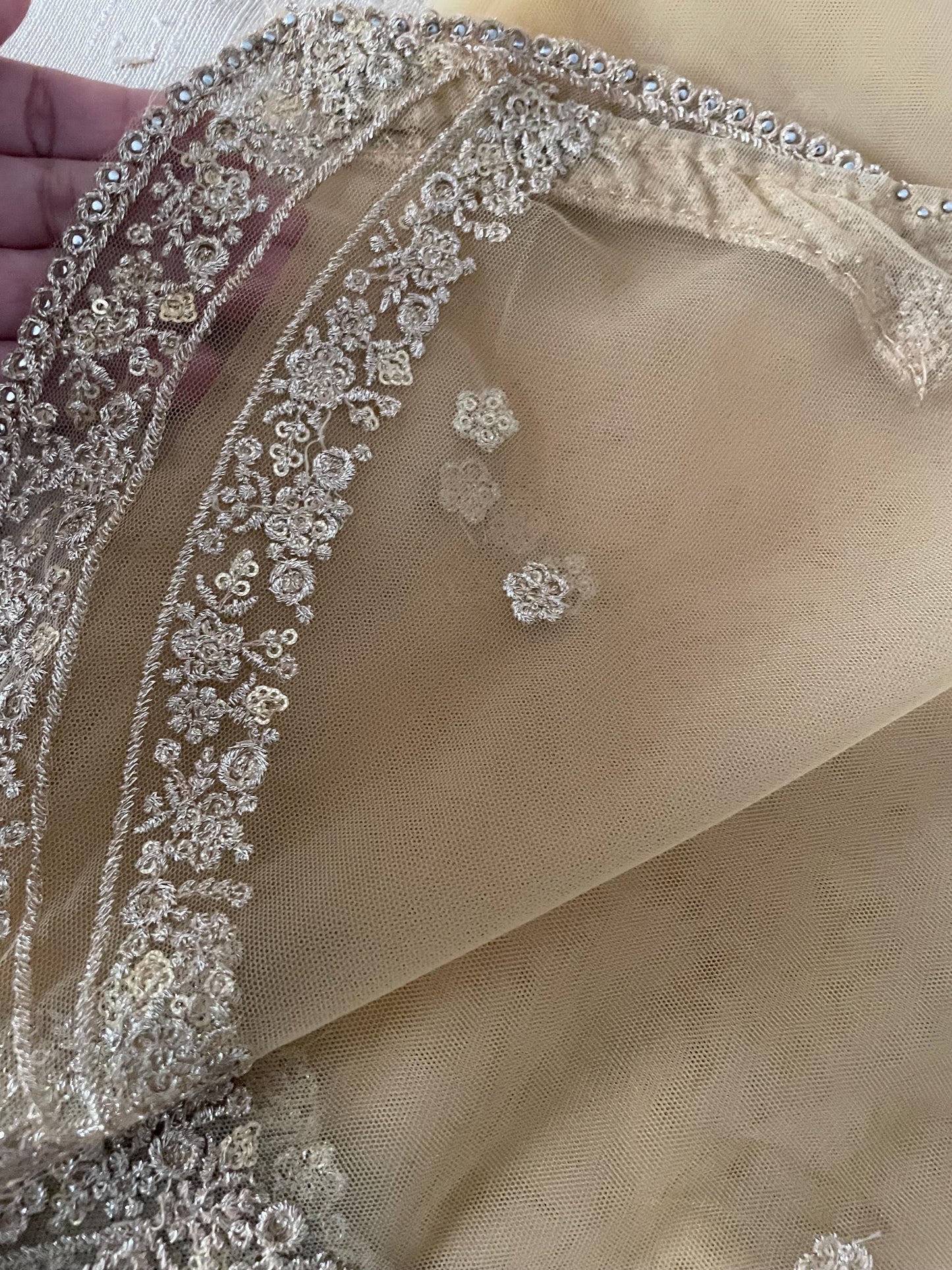 Gold Net Dupatta: Scalloped Sequin Border, Beaded Edges