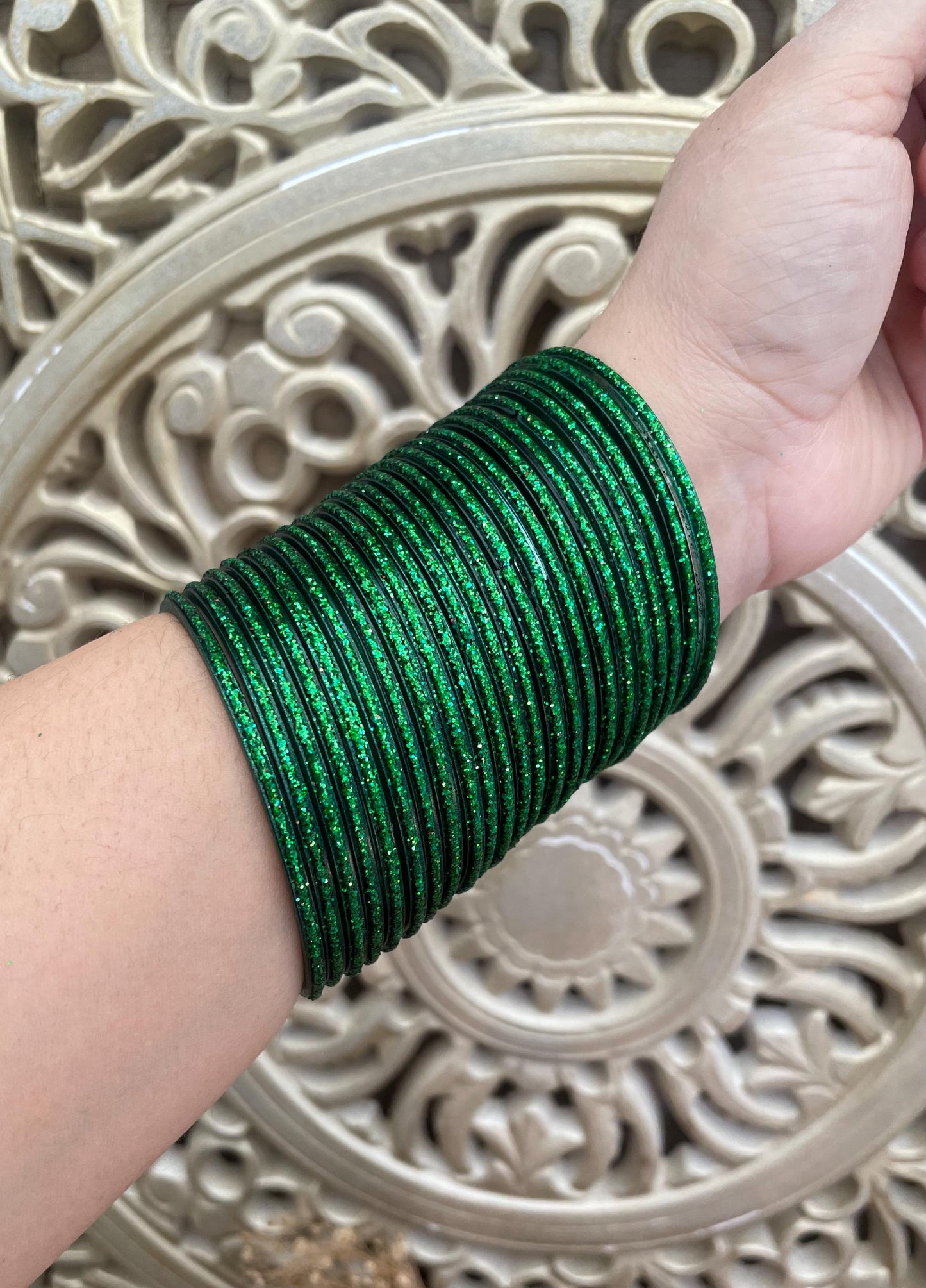 Glass Bangles- Green Dark Kai Colour Pack of 12 Glitter