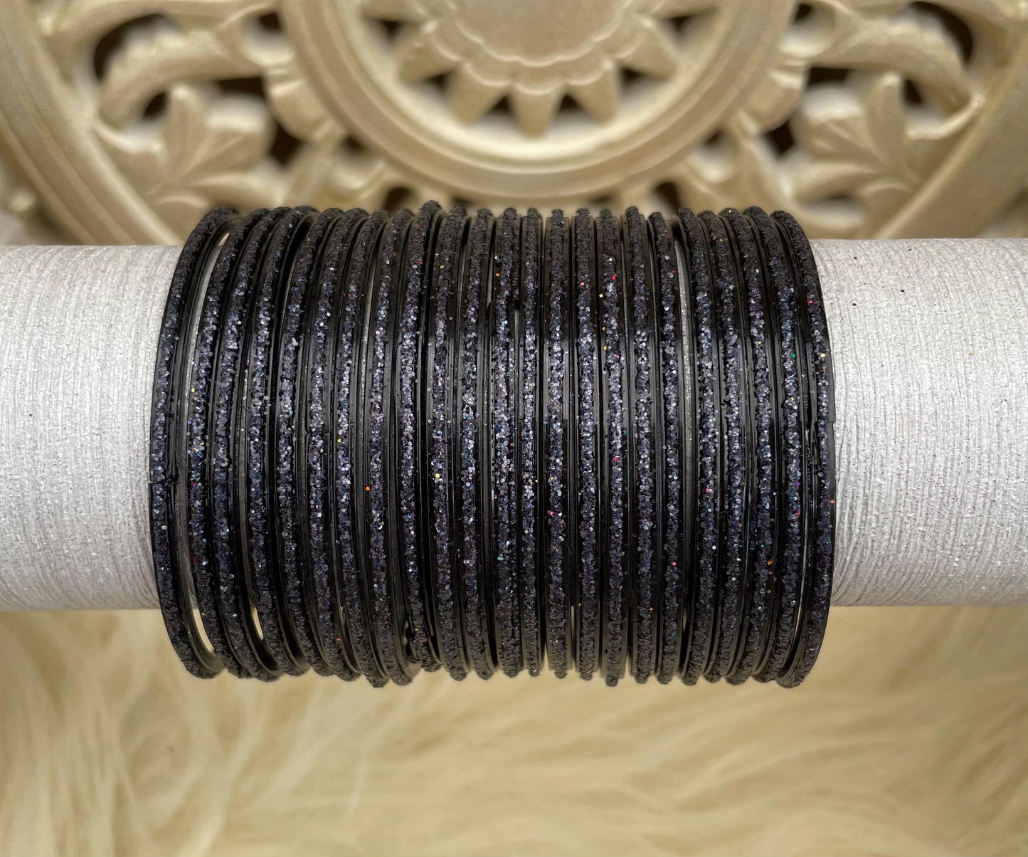 Glass Bangles- Black Colour Pack of 12 Glitter