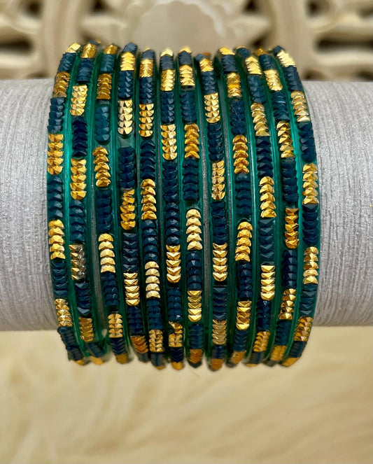 Green Coloured Glass Bangles with embellishments | 12 Bangles