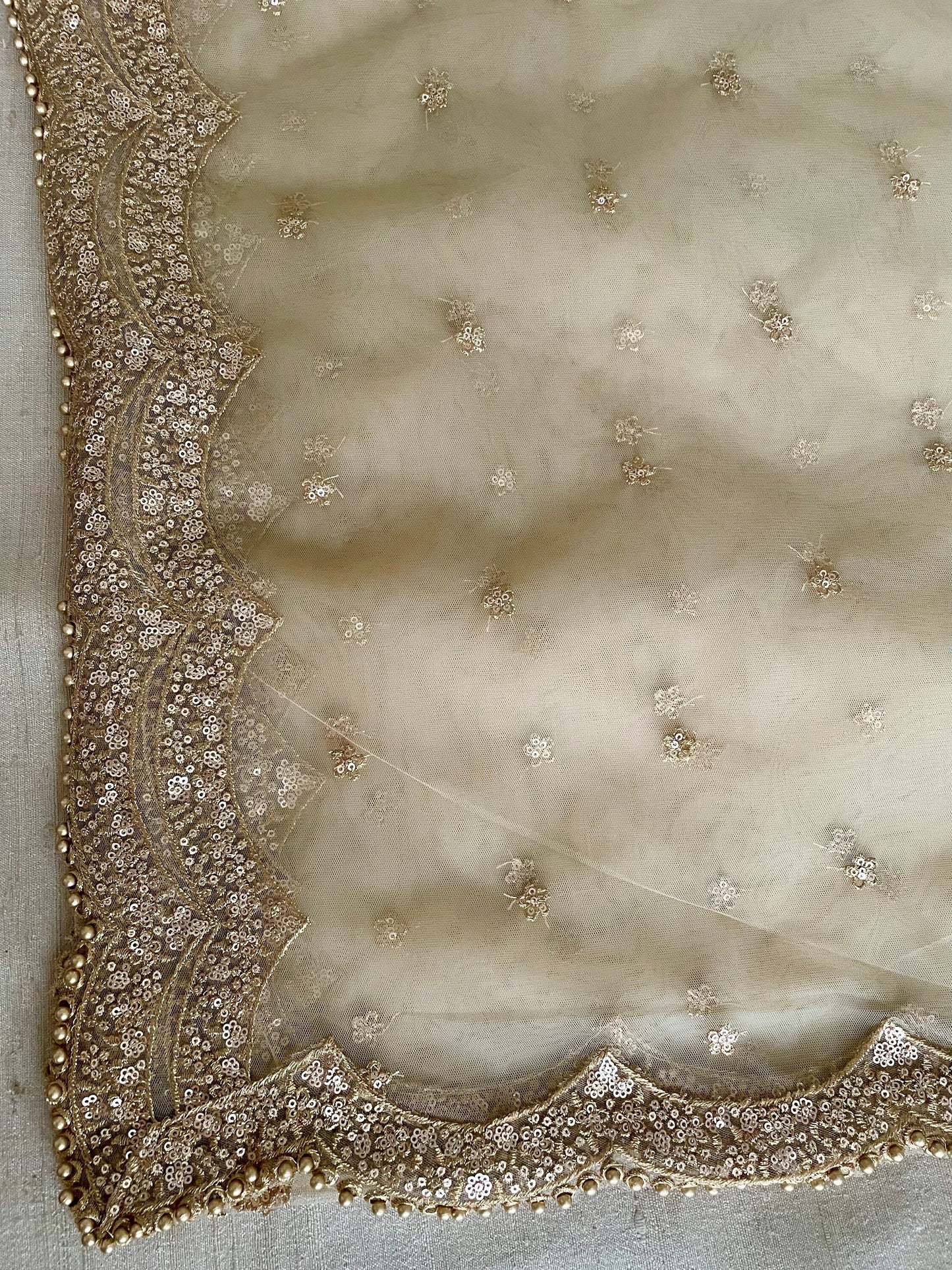 Gold/ Beige Net Duppattas scallop Sequin border Scarf Chunni Chunri Odhni Eid Outfit update Salwar Kameez