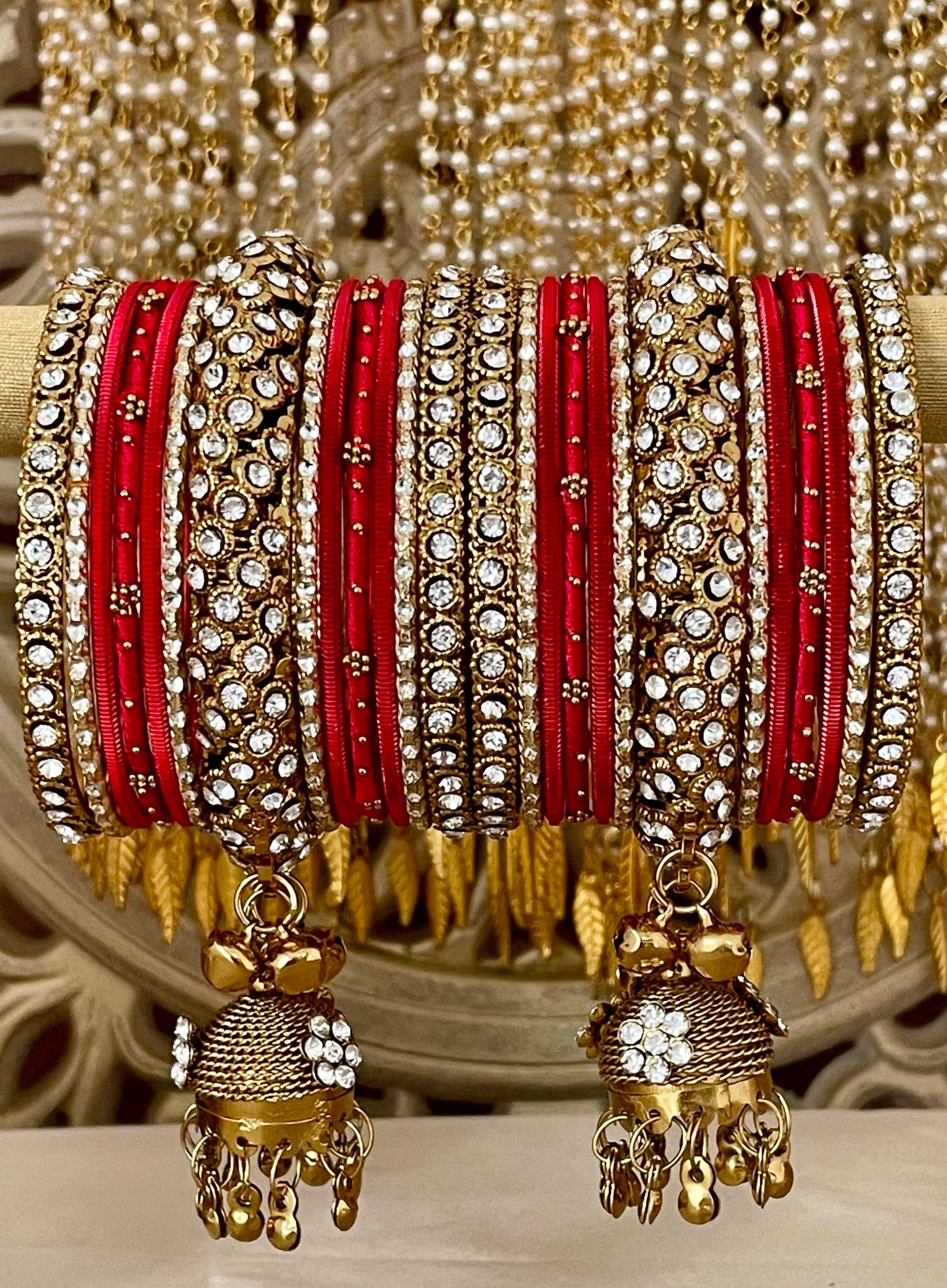Indian Jhumki Latkan Metal& Thread Bangles Set Bollywood Costume Jewelry Diamante Rhinestones