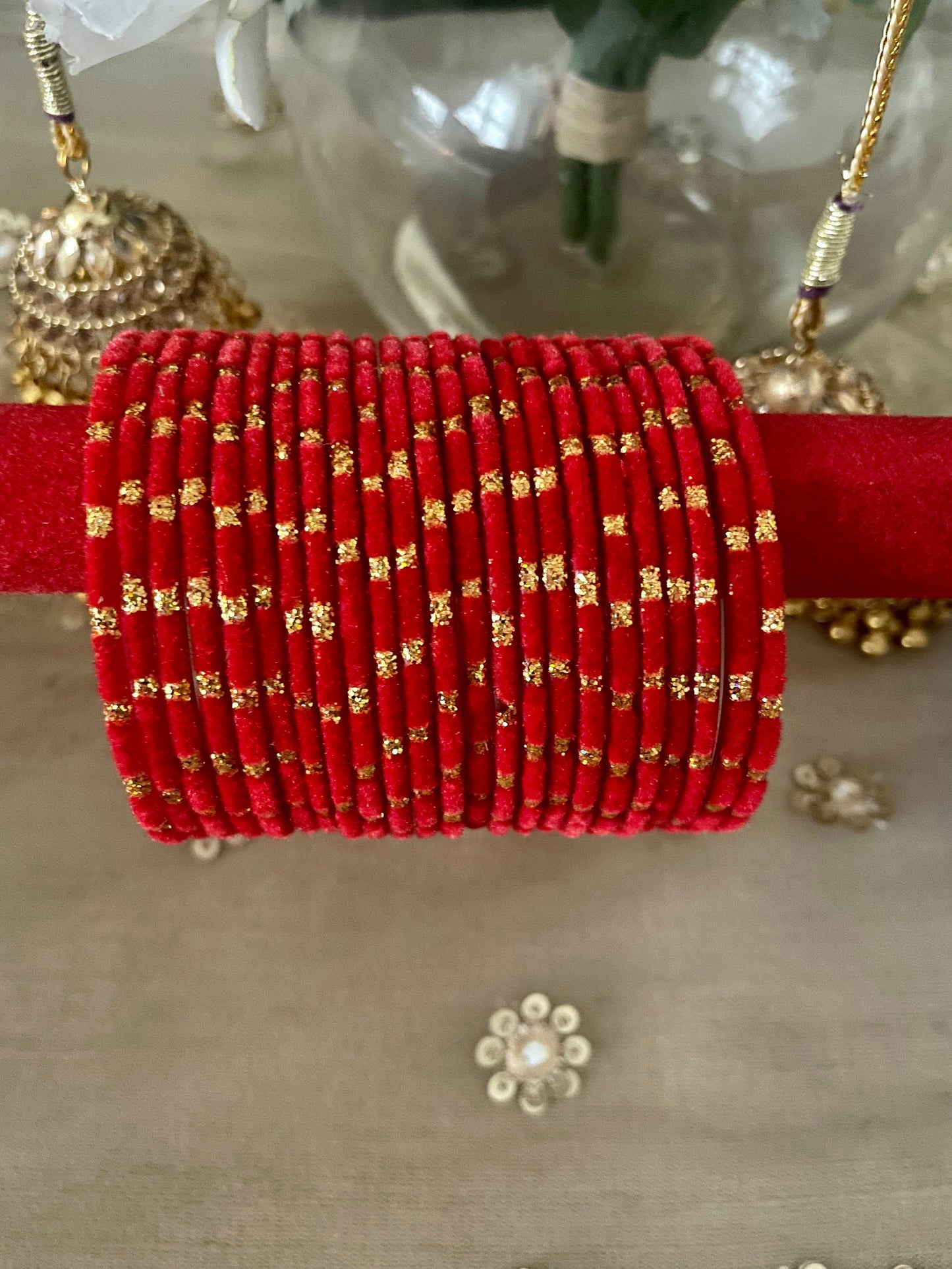 Glass Bangles- Pack of 10 Bangles| Red Various Designs