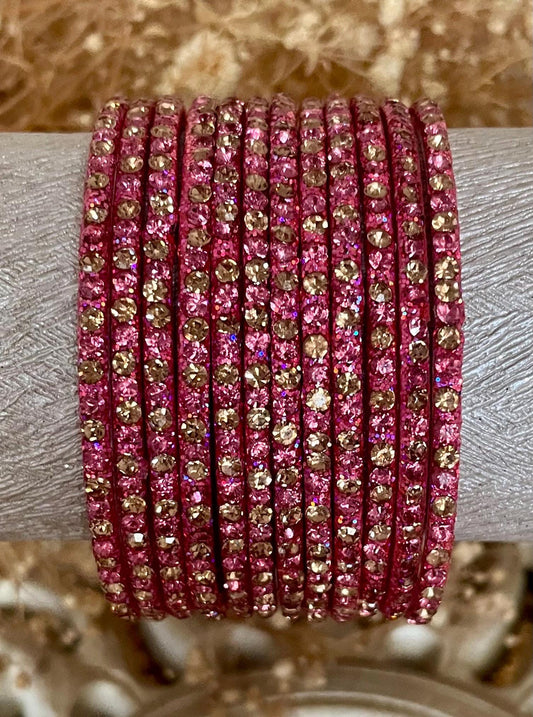 Blush Pink Glass Bangles with sparkling LCD stones| 12 Bangles