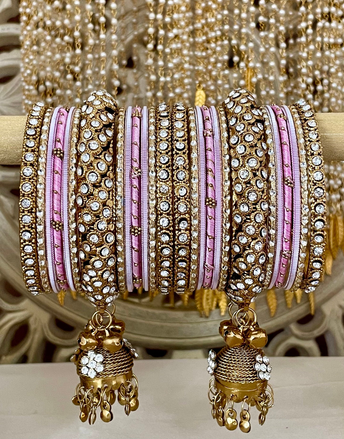 Indian Jhumki Latkan Metal& Thread Bangles Set Bollywood Costume Jewelry Diamante Rhinestones
