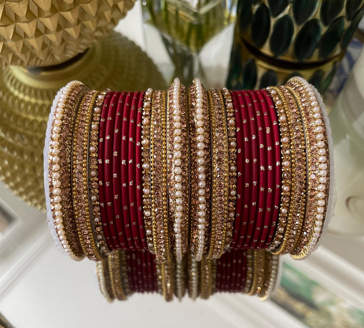 Kimran Bangle Stack for two hands- Pearls and Champagne coloured stones