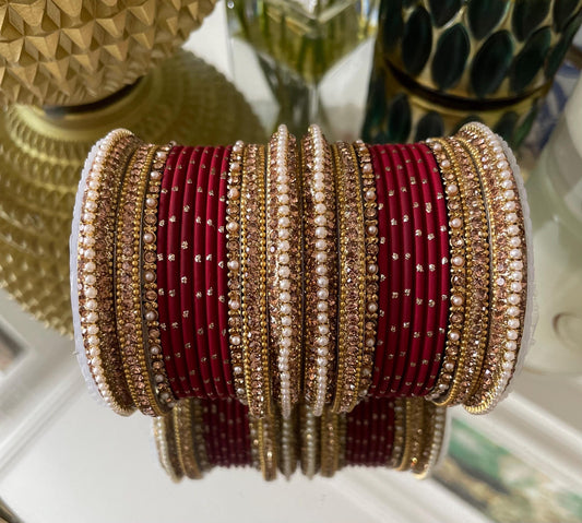 Kimran Bangle Stack for two hands- Pearls and Champagne coloured stones