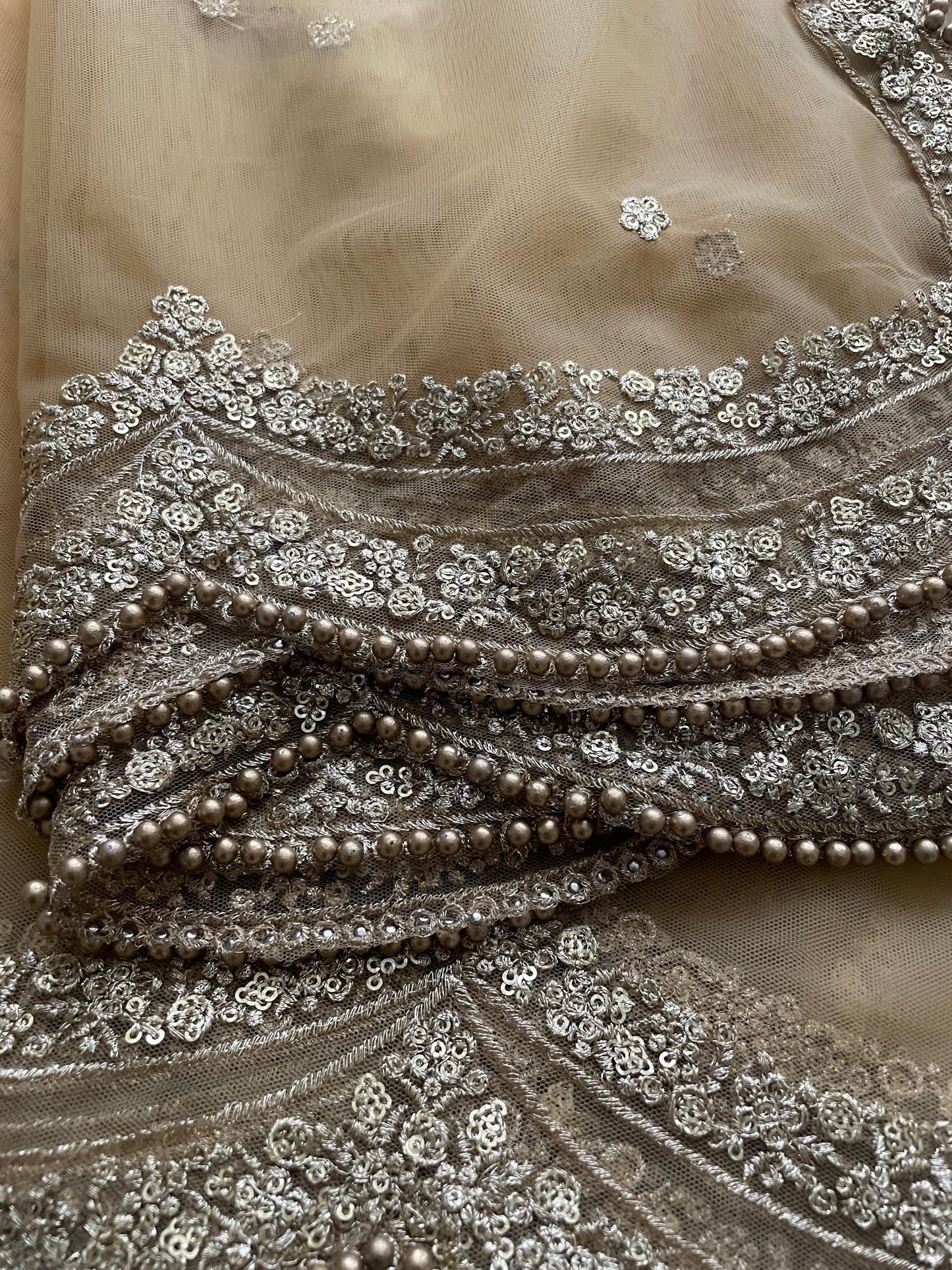 Gold Net Dupatta: Scalloped Sequin Border, Beaded Edges