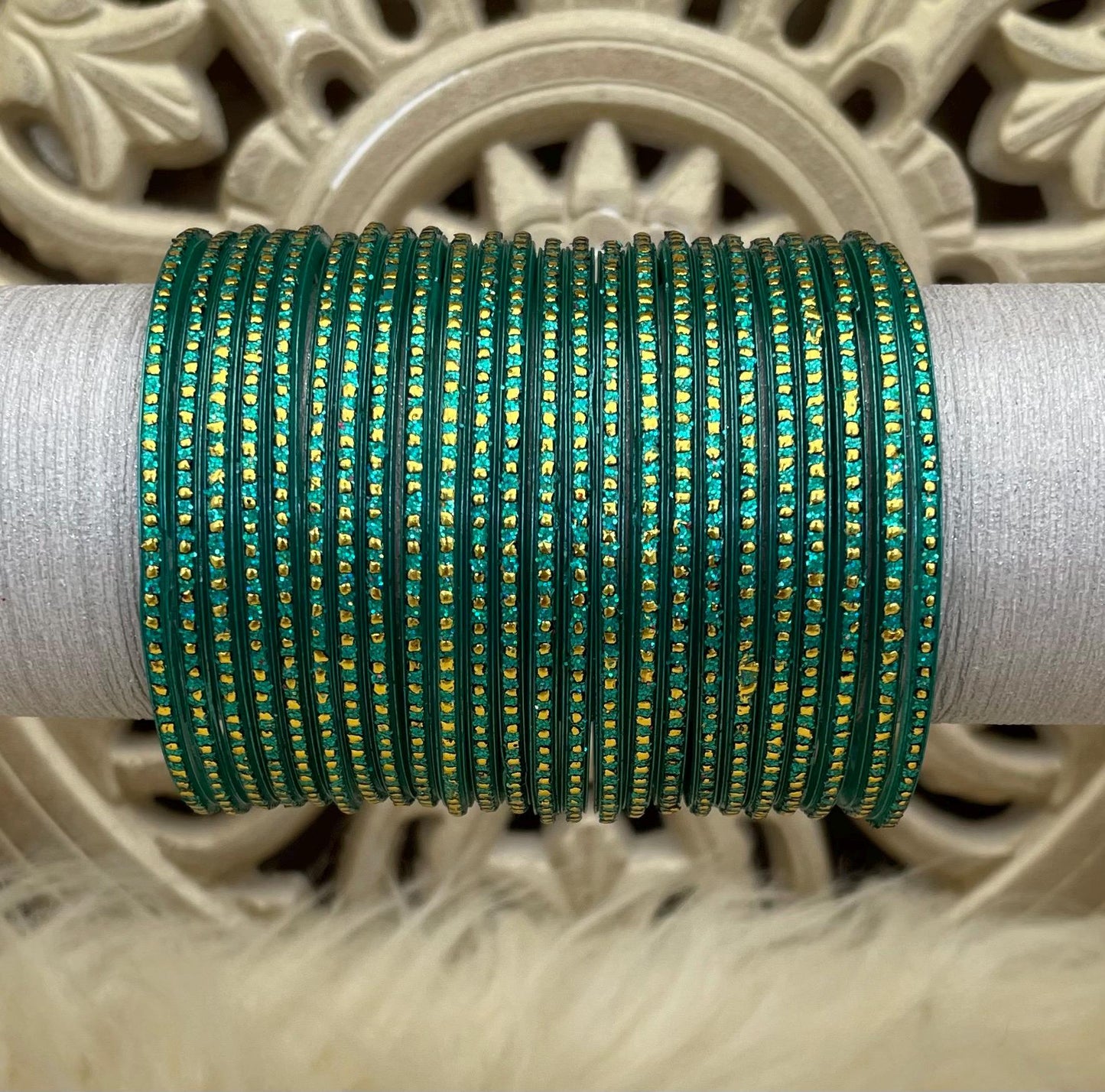 Glass Bangles- Peacock Green Teal Colour Pack of 12 Glitter