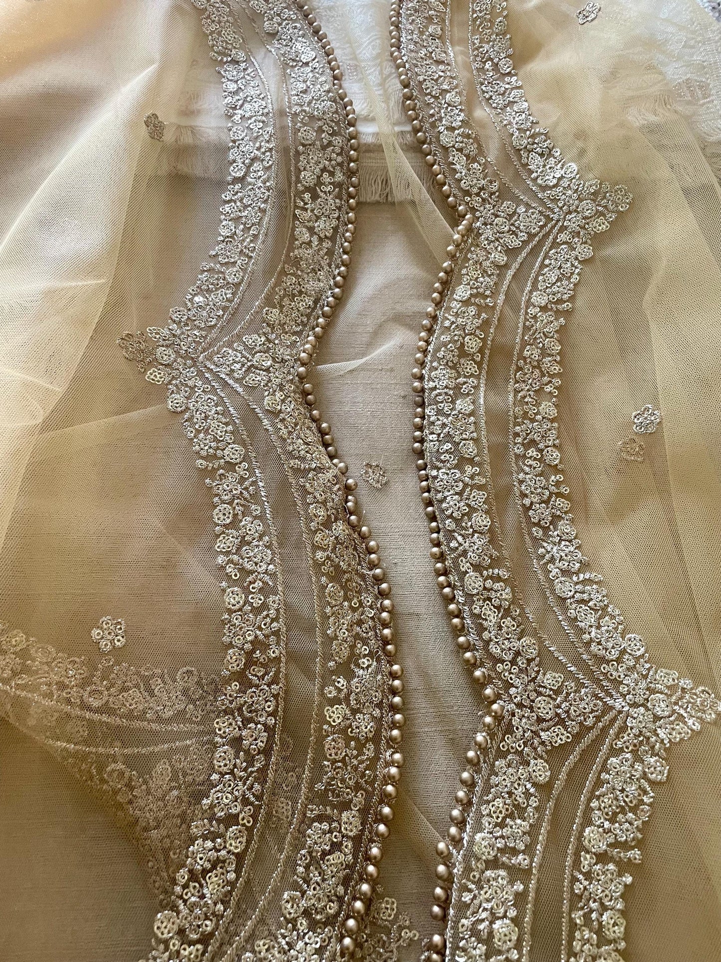 Gold Net Dupatta: Scalloped Sequin Border, Beaded Edges