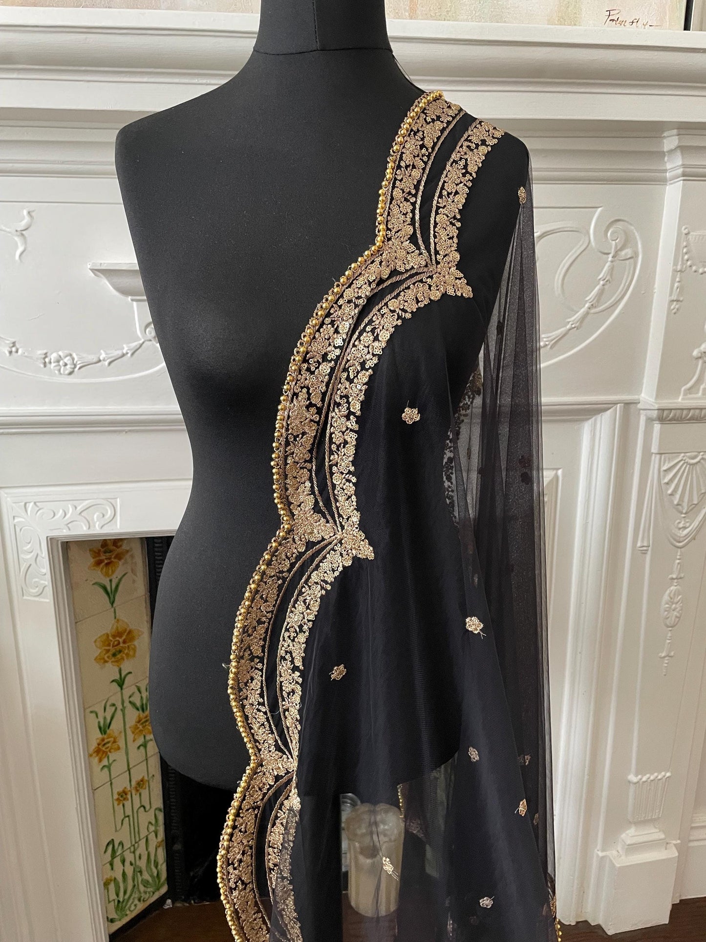 Black Net Dupatta: Scalloped Sequin Border, Golden Beads