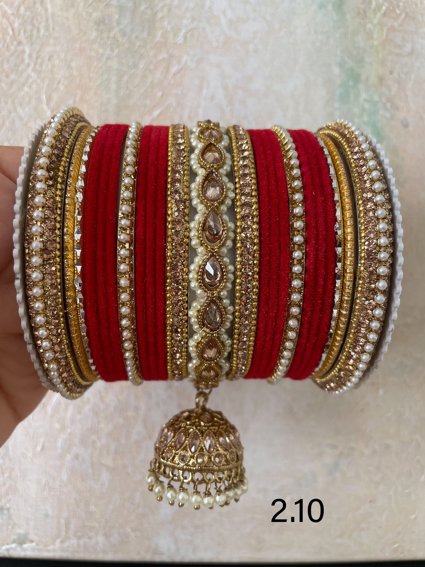 Red Velvet Bangle Stack: Pearl Kundan Jhumki Kangan, Indian Bridal Jewelry (Set of 50)