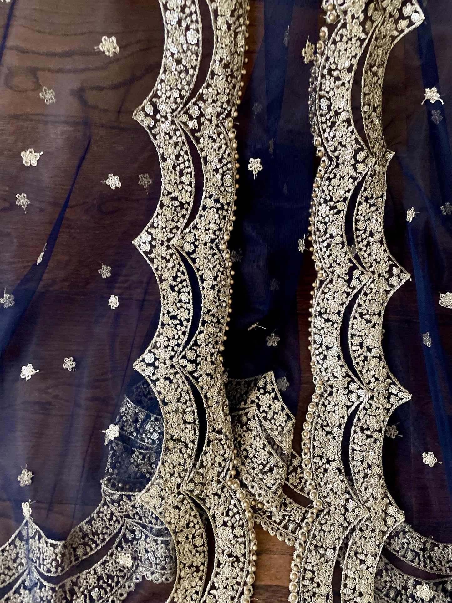 Navy - Blackish Blue| Net Duppattas scallop Sequin Golden beads border Scarf Chunni Chunri