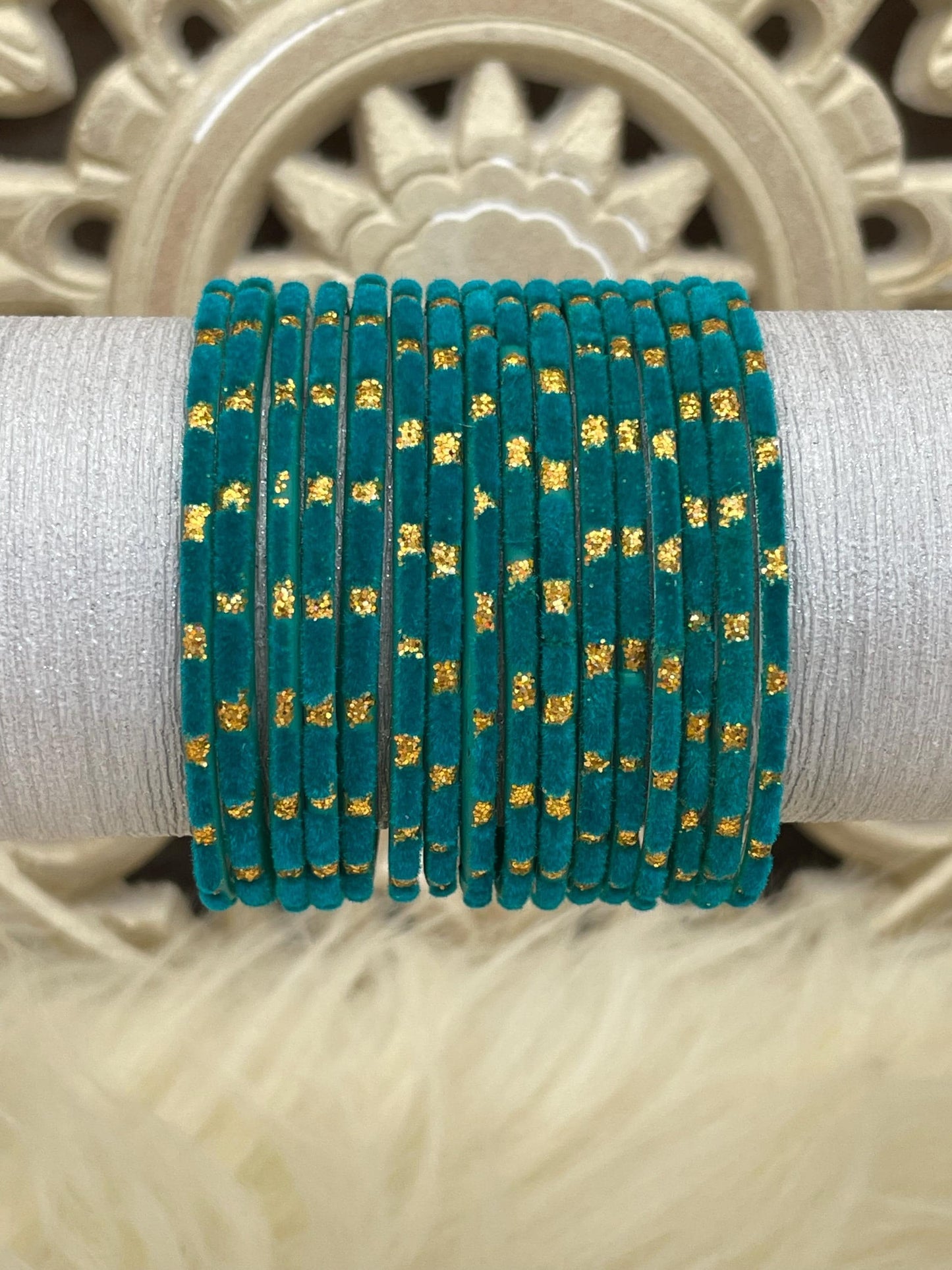 Peacock Green Teal Glass Bangles Set with Gold Dots – Indian Traditional Stack Bracelets for Women, Wedding Jewelry| 10 Bangles