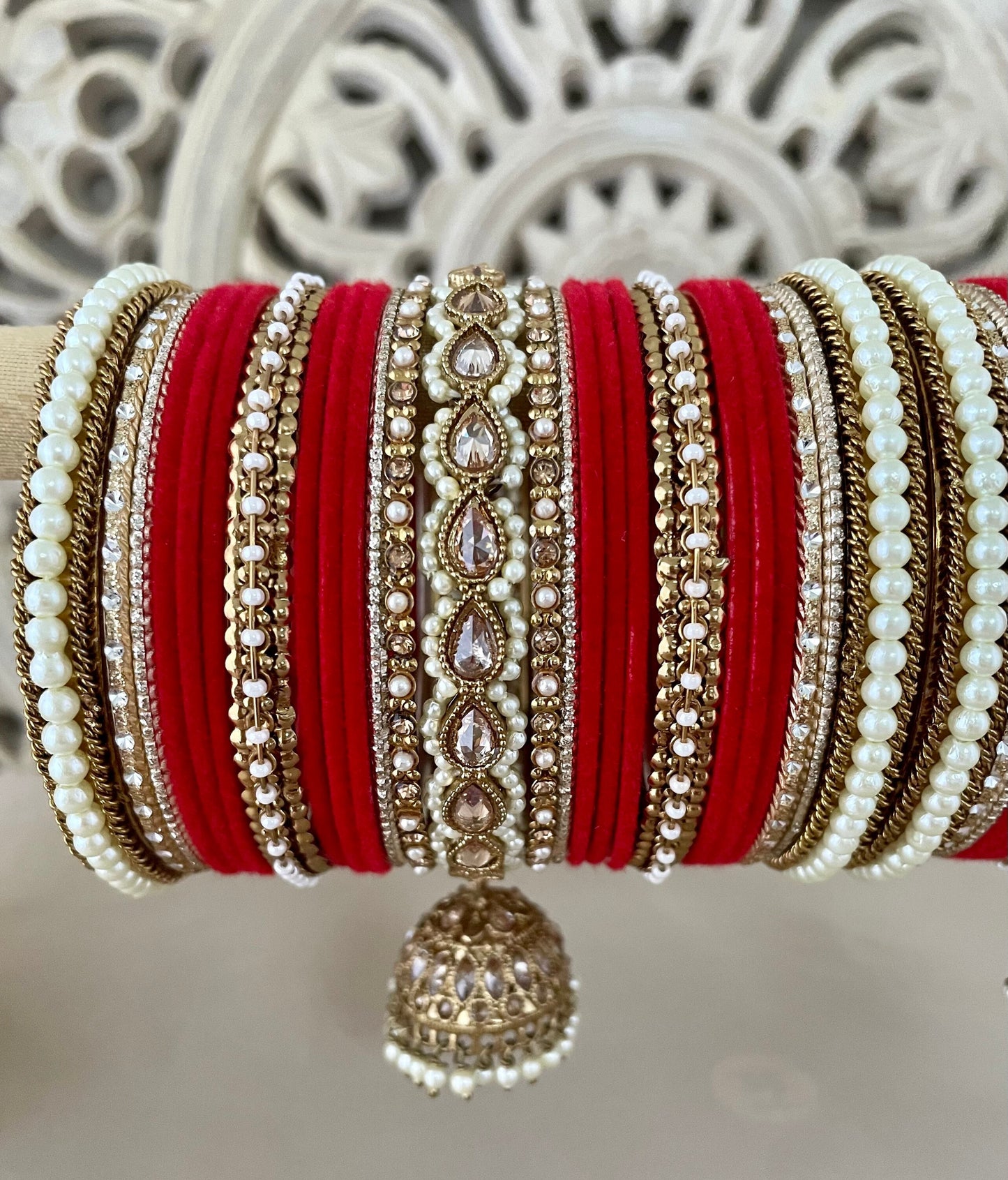 Red Velvet Bangle Stack: Pearl Kundan Jhumki Kangan, Indian Bridal Jewelry (Set of 50)