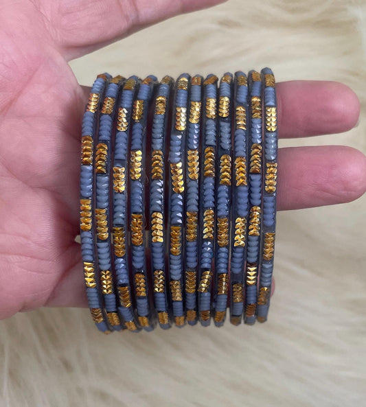 Gray Soofiya Grey Coloured Glass Bangles with embellishments | 12 Bangles