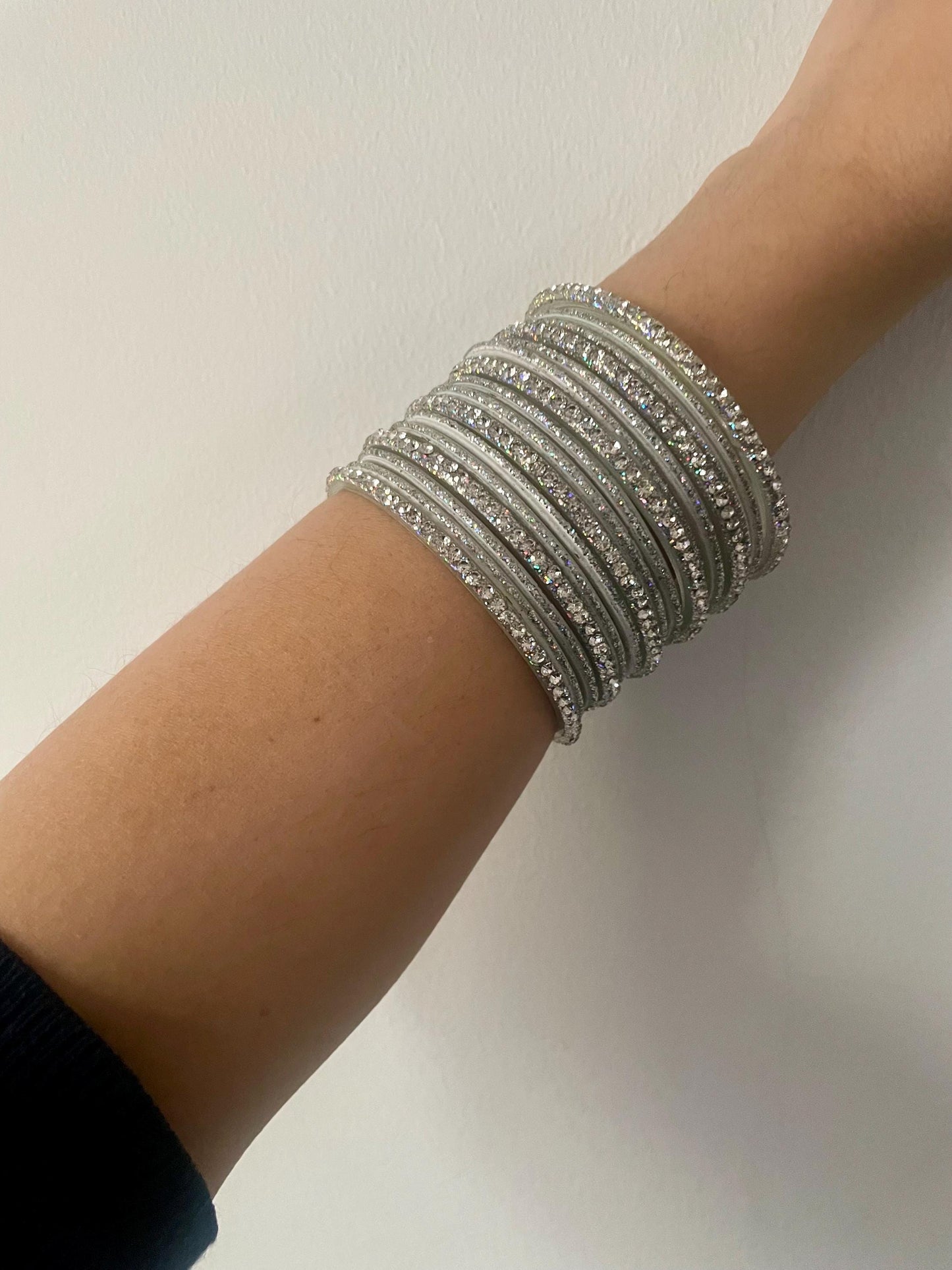 Glass Bangles Silver and White Sparkle and Glitter Stones | 32 Bangles| Set for two hands