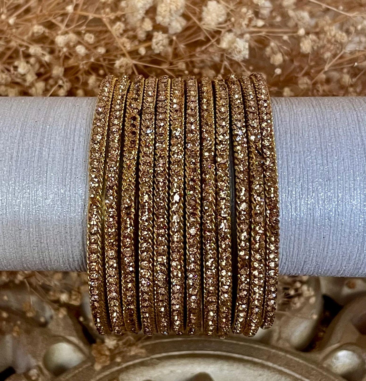 Glass Bangles encrusted with rhinestones and Golden chain on edges| Gold on Gold Stones | 12 Bangles