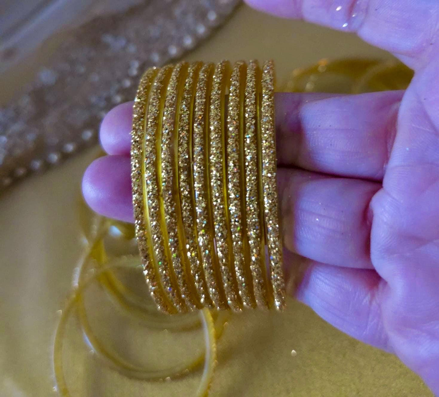 Glass Bangles- Golden Pack of 12 Glitter Gold
